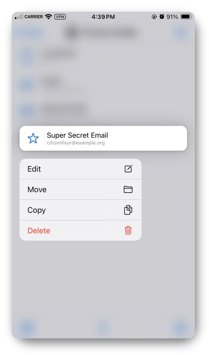 Screenshot from the iOS app showing the options Edit, Move, Copy, and Delete when long-pressing on a listed entry.