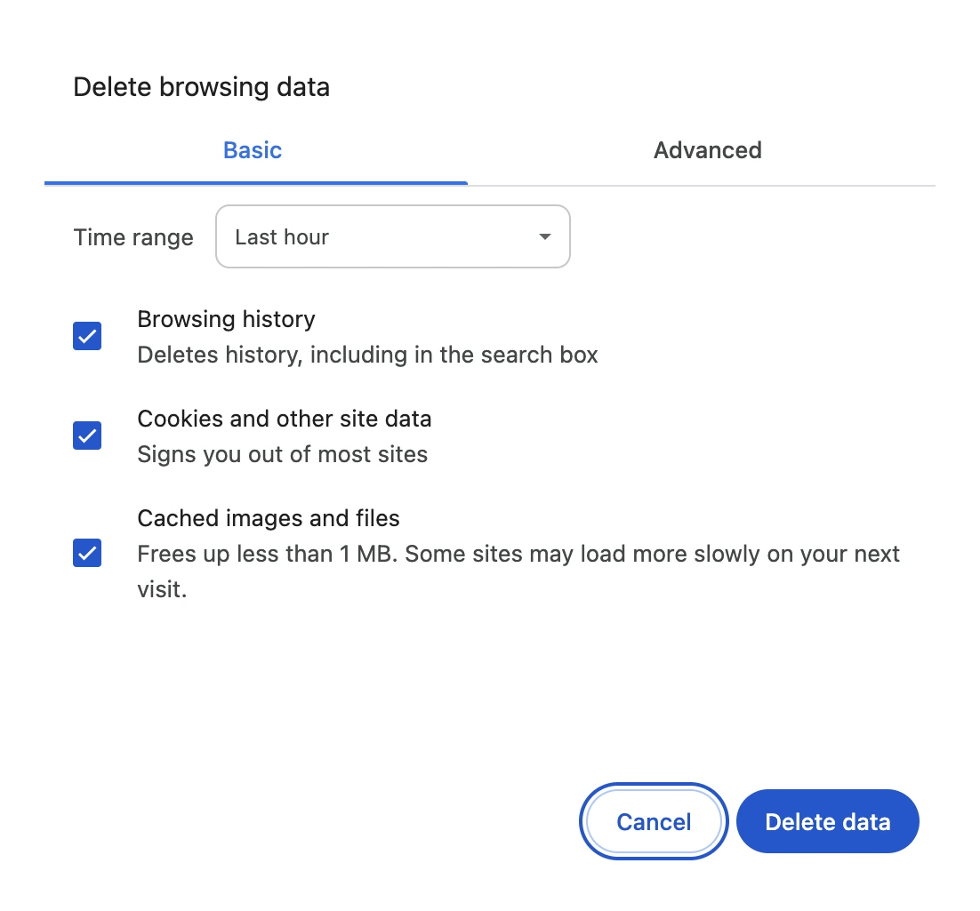 Screenshot: Google Chrome browser data options