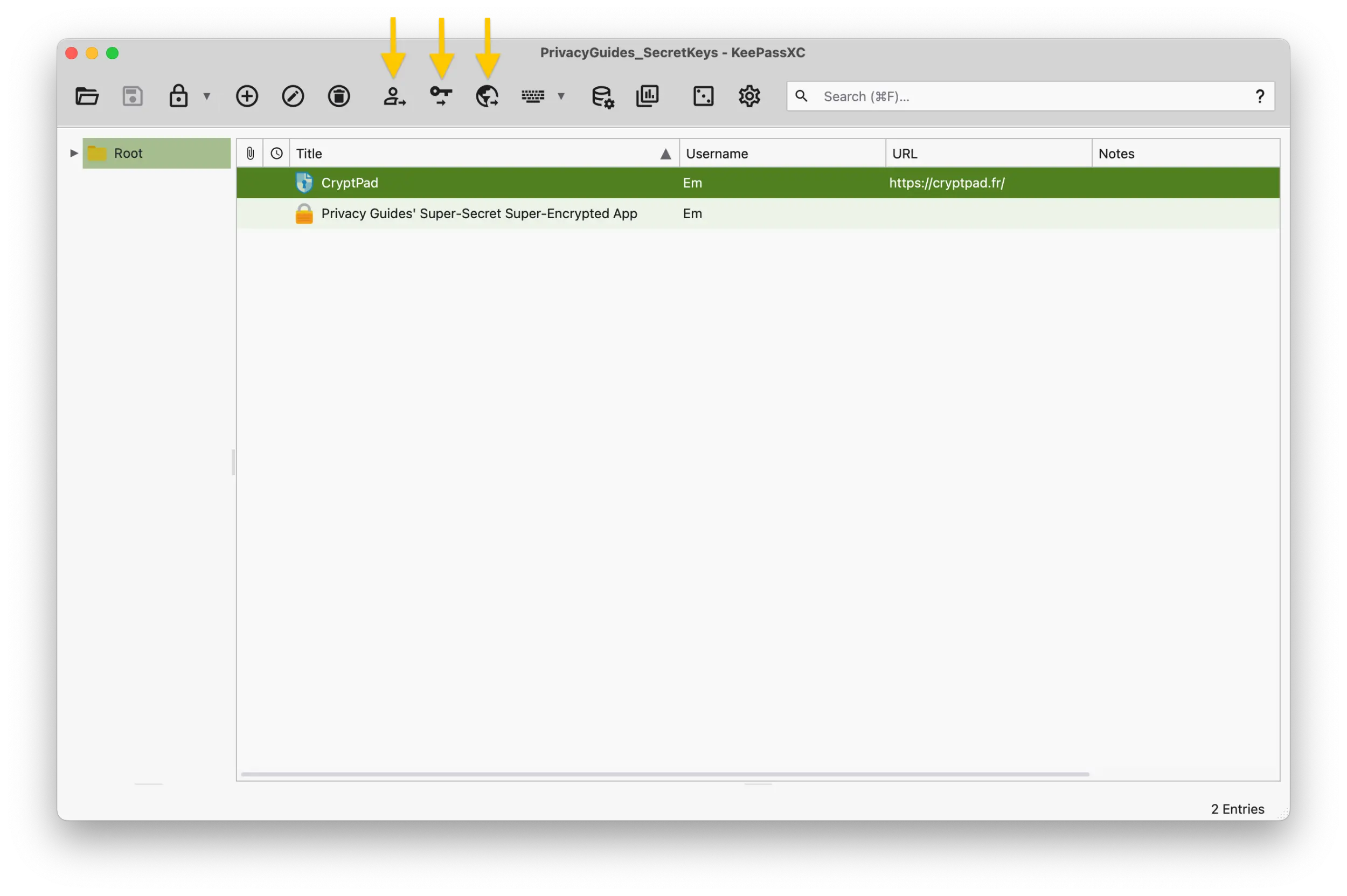 Screenshot of the KeePassXC application showing the database section with all three buttons Username, Password, and URL for entry pointed at with arrows.