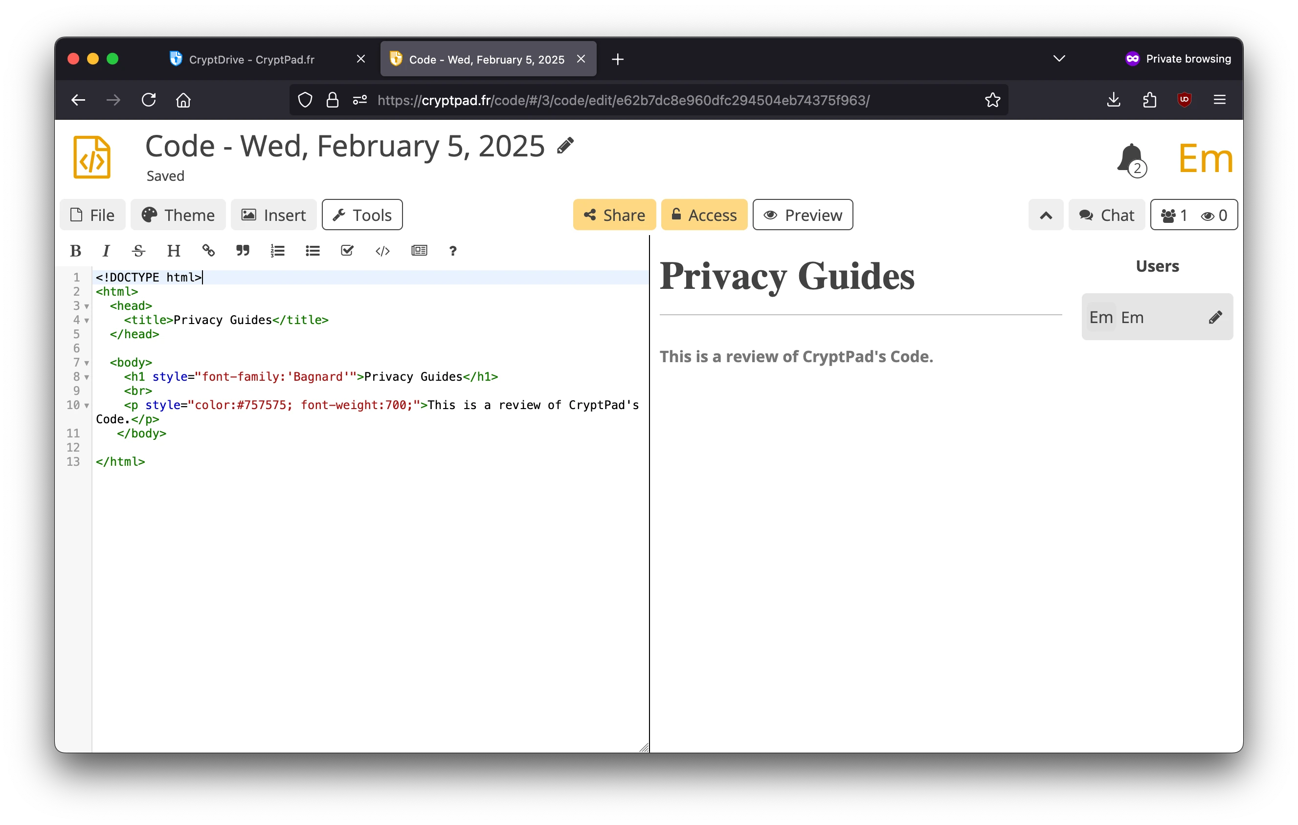 Screenshot from a CryptPad code document.