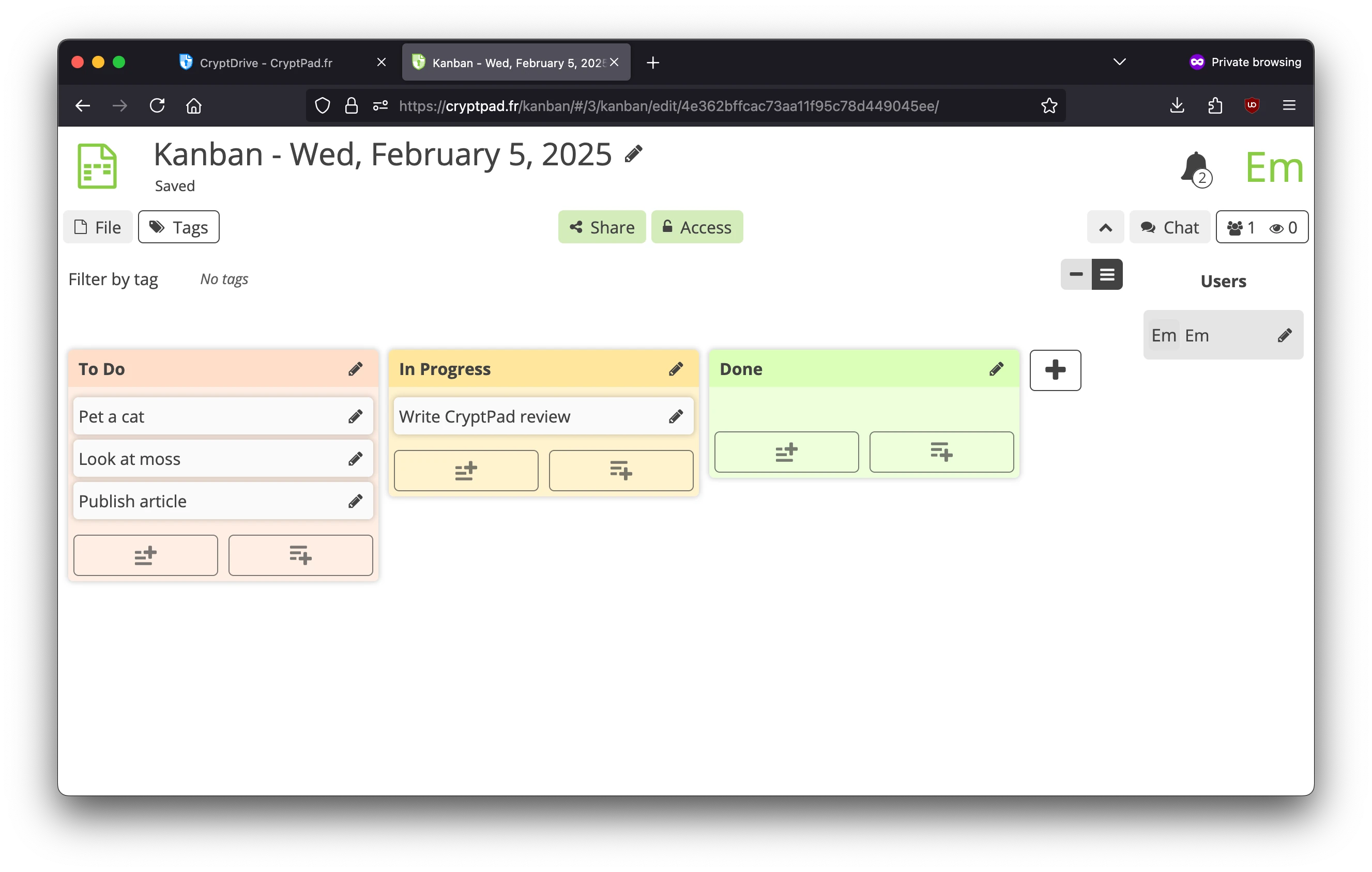 Screenshot from a CryptPad kanban document.