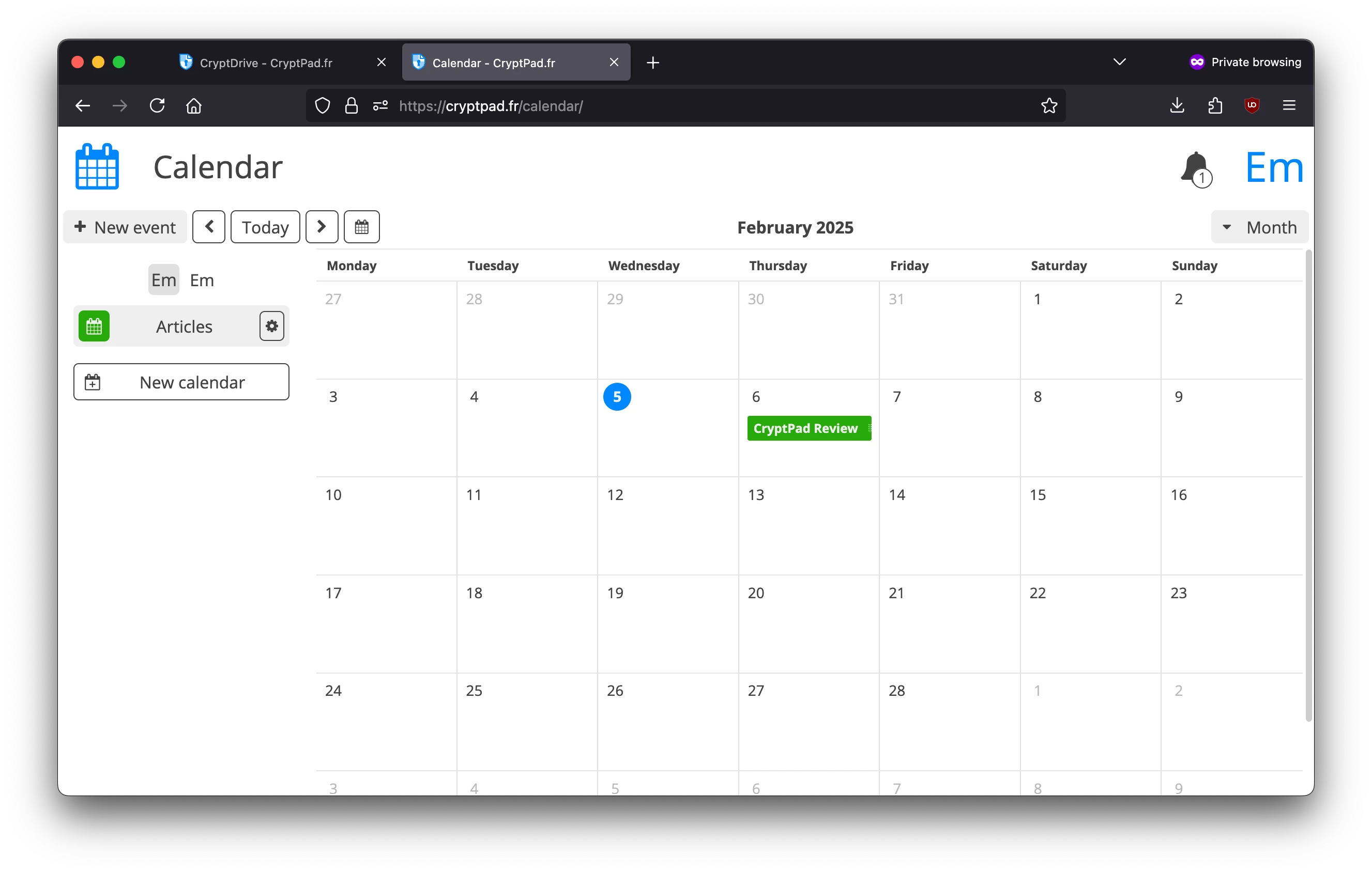 Screenshot from the CryptPad calendar application.