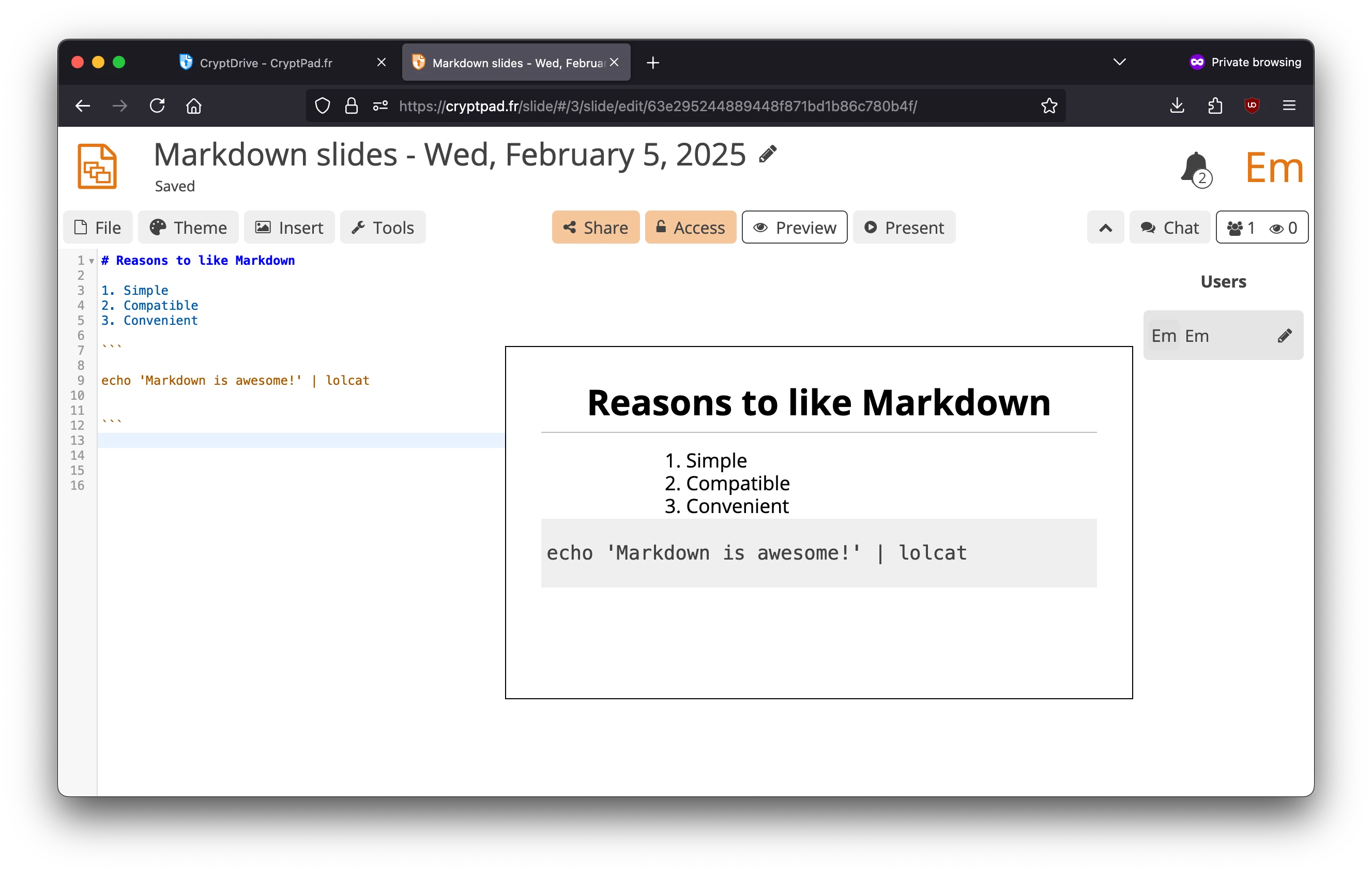 Screenshot from a CryptPad markdown slide document.