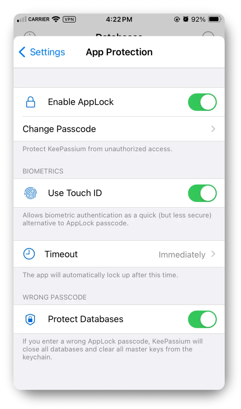 Screenshot from the iOS app showing the App Protection page from the Settings.