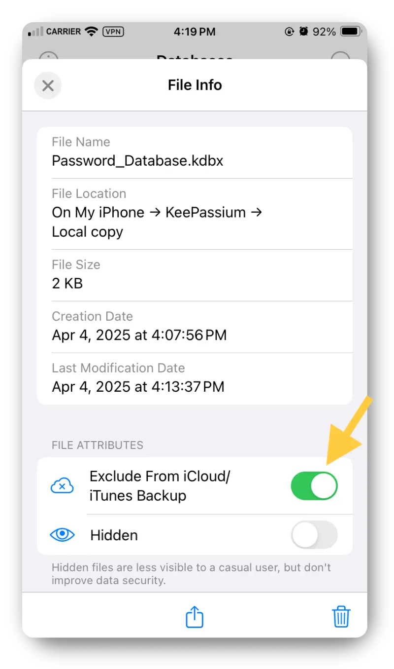 Screenshot from the iOS app showing the File Info page for a database, with the "Exclude From iCloud/iTunes Backup" option enabled in green.