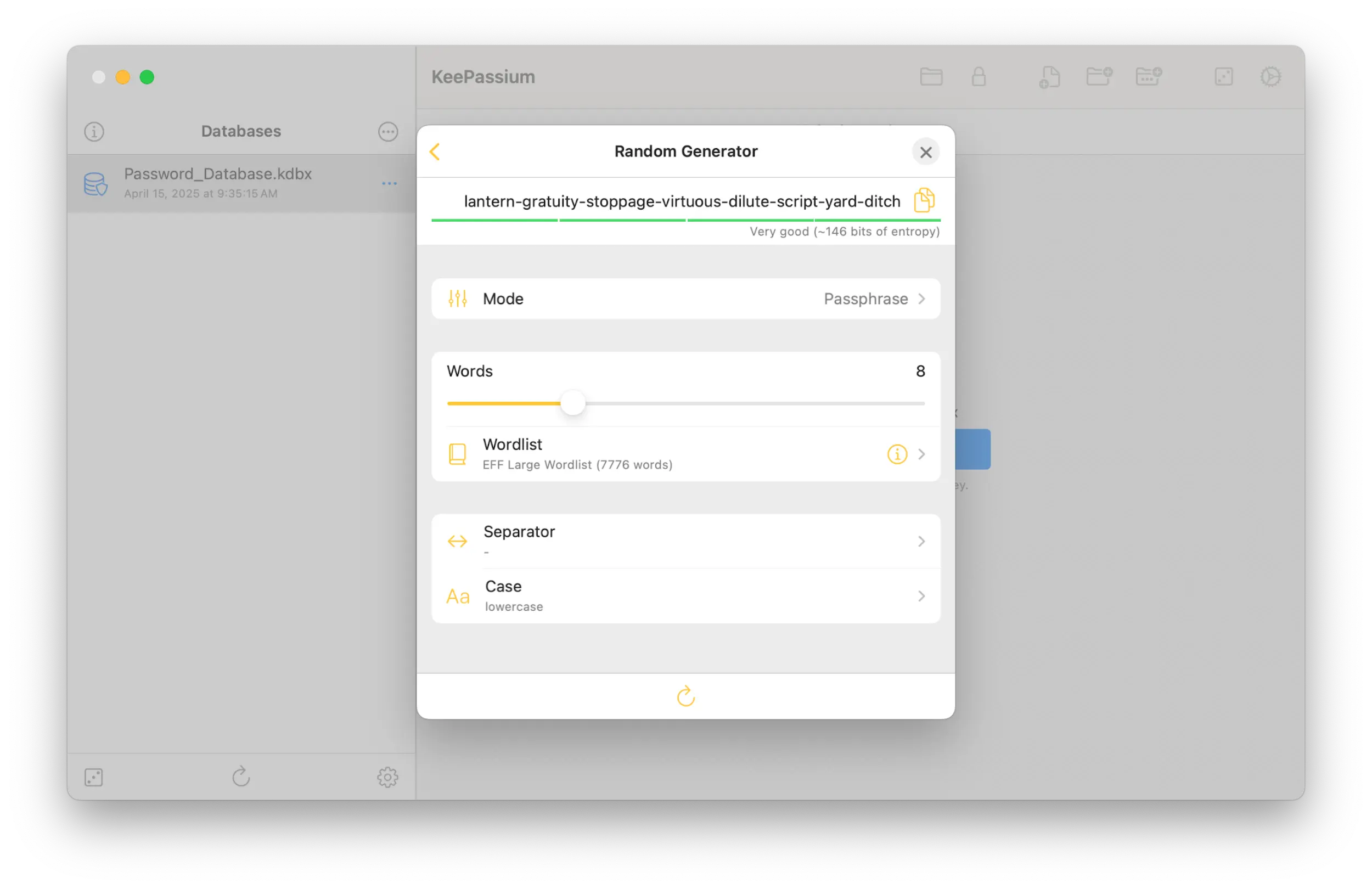 Screenshot from the macOS app showing the Random Generator page that displays the options to adjust for generated passphrase.