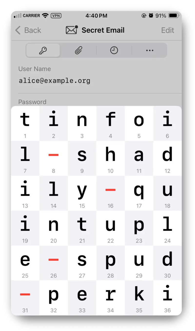Screenshot from the iOS app showing an entry's password selected with the large font option, which displays each character from a password in a separate indexed box.