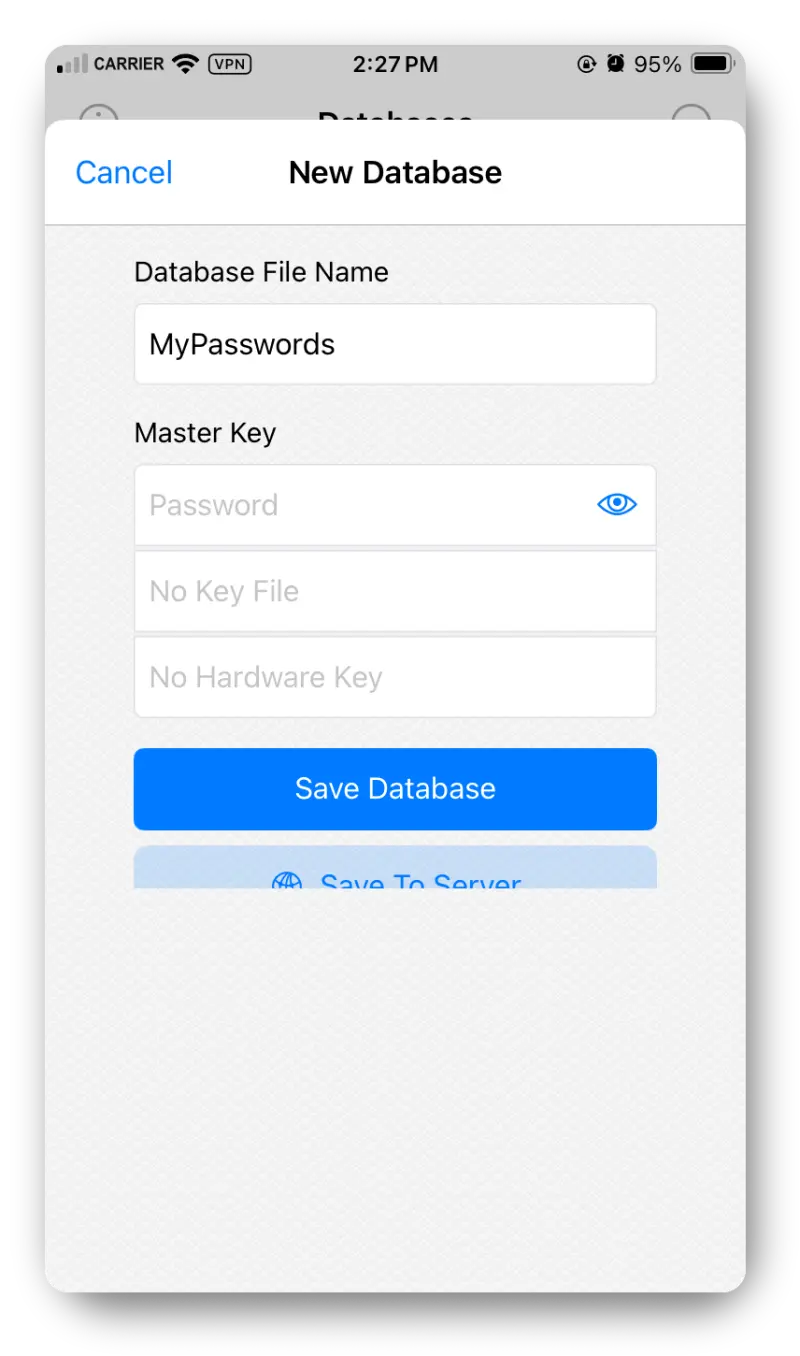 Screenshot from the iOS app showing the New Database section.
