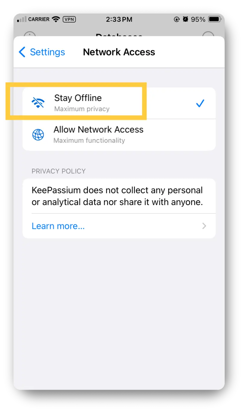 Screenshot from the iOS app showing the Network Access page with the option "Stay Offline" selected.