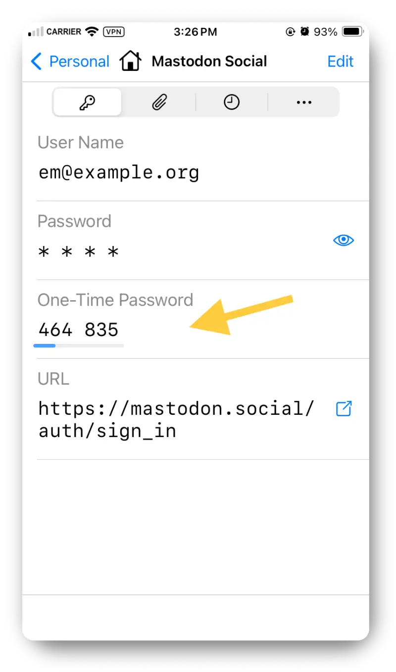 Screenshot from the iOS app showing an entry for Mastodon Social with all credential fields filled, and an arrow pointing at a One-Time Password code.