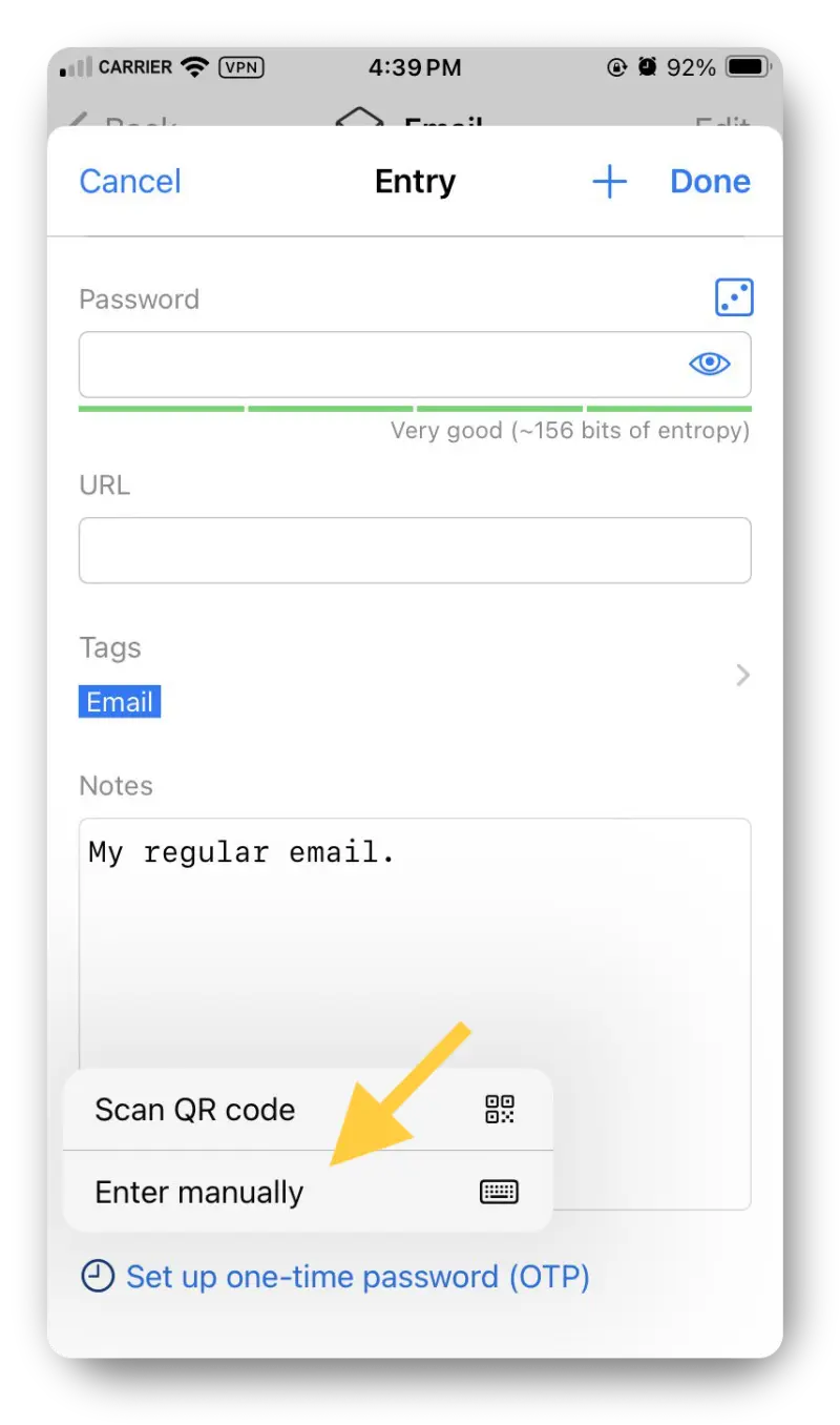 Screenshot from the iOS app showing an Entry page with the option to "Set up one-time password (OTP)" selected at the bottom and displaying a menu with the options "Scan QR code" and "Enter manually".