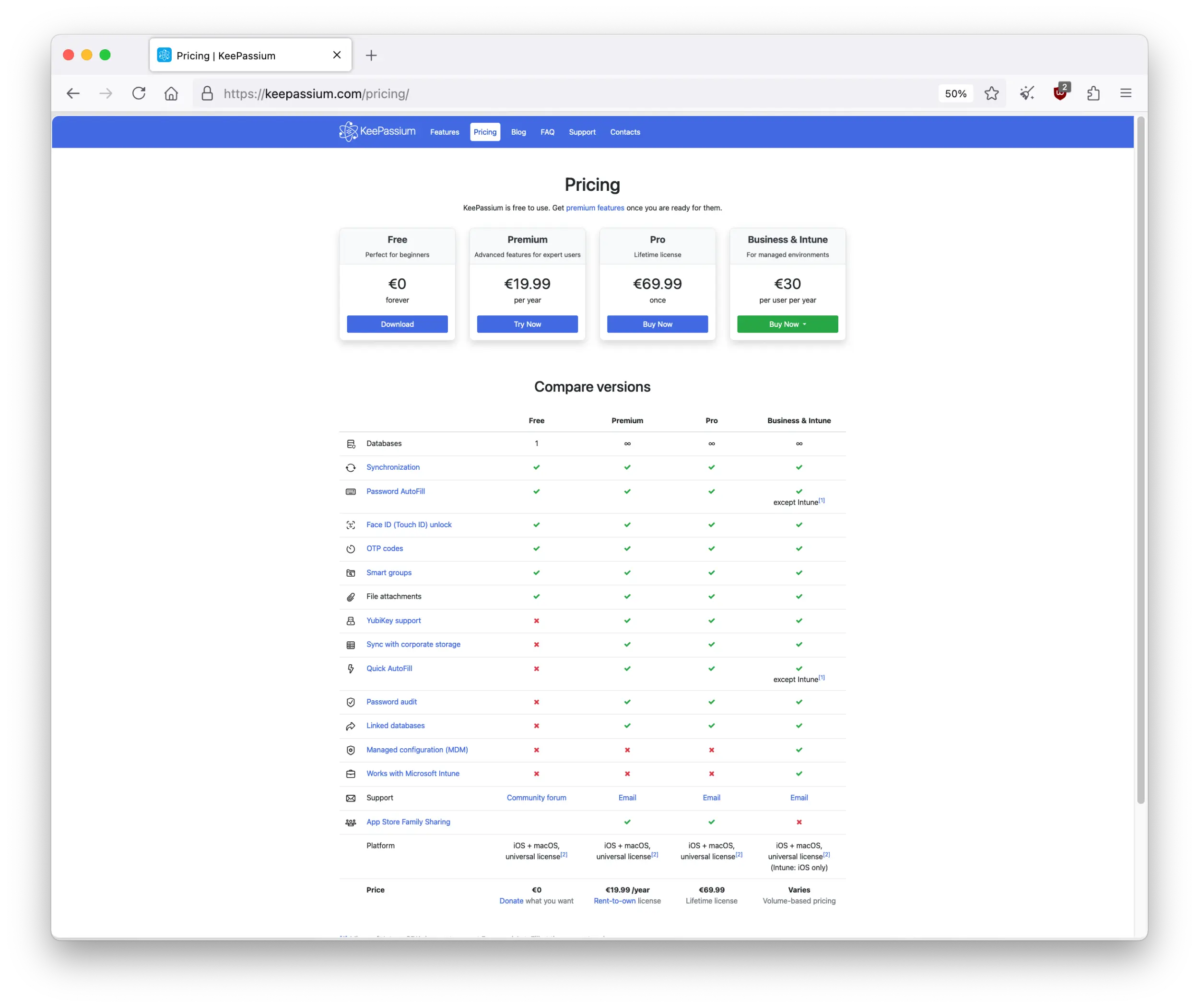 Screenshot from the KeePassium website's Pricing page with a description of which features are included in each plan.