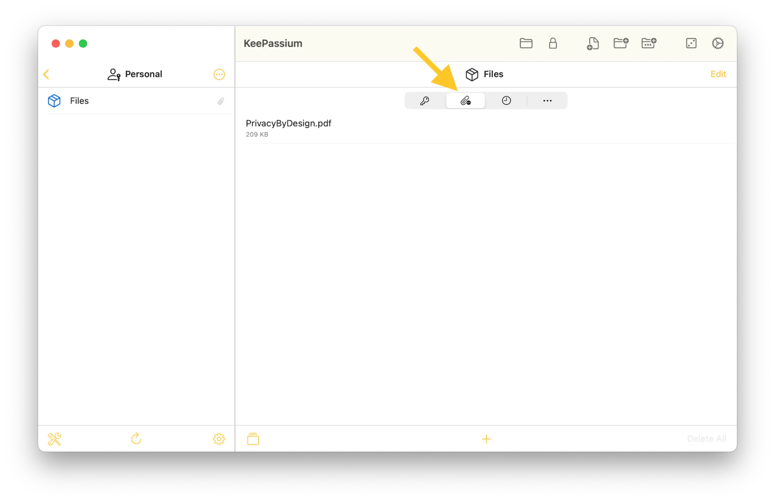 Screenshot from the macOS app showing the section tab within an Entry to add and view attachment files.