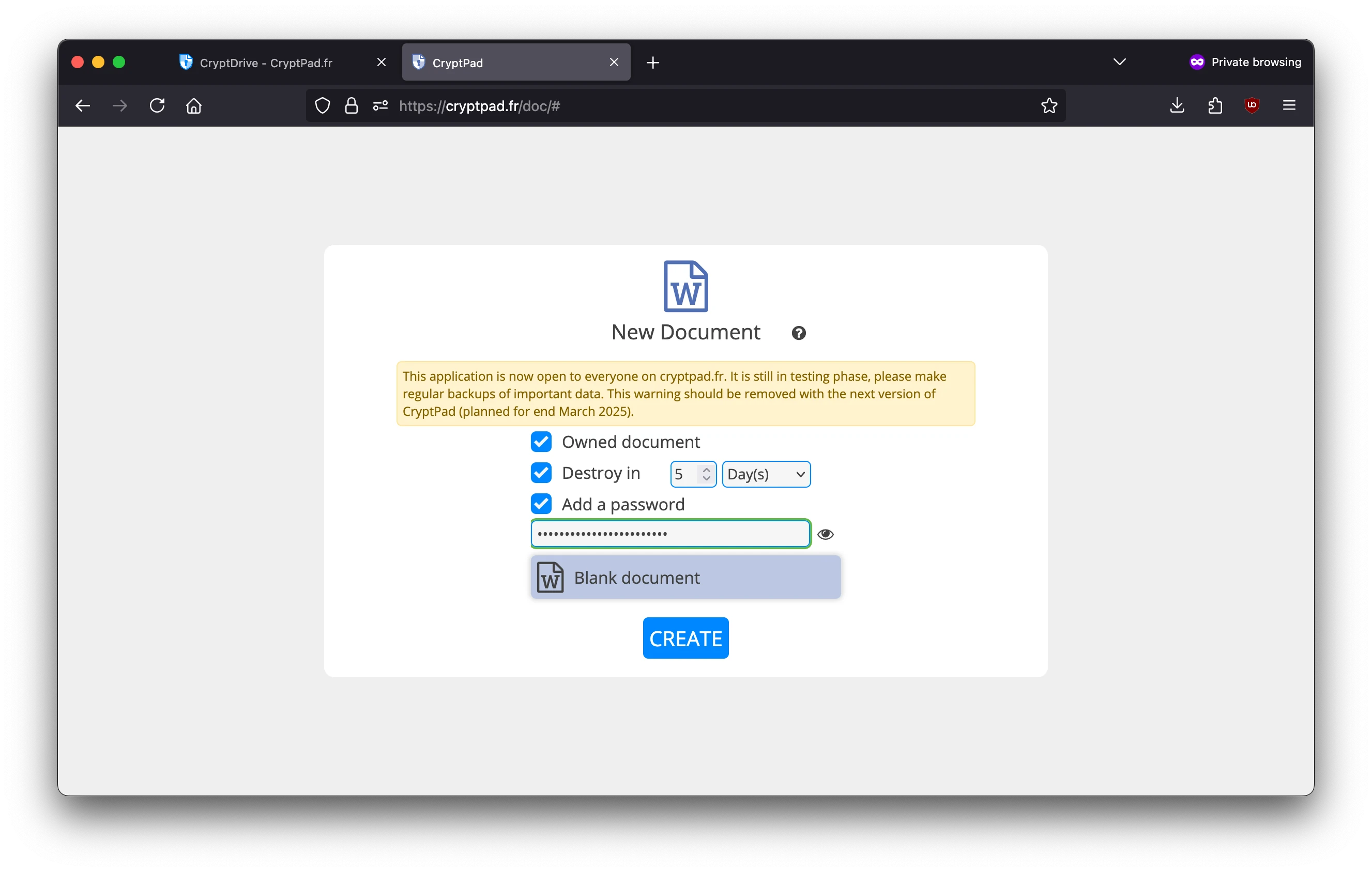 Screenshot from a CryptPad document creation popup showing the option to add a password.