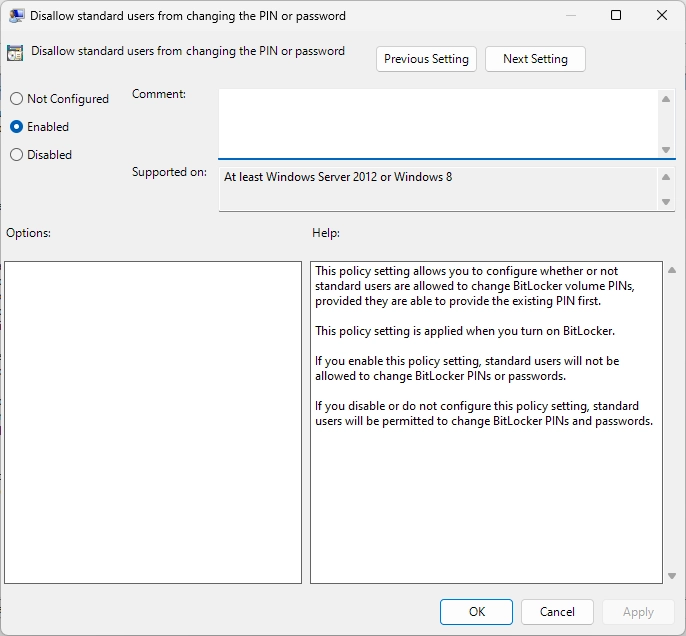 /privacyguides/privacyguides.org/raw/commit/0ad0f31086bef79cd82ec867dc5a69f32b6312cd/docs/assets/img/windows/Bitlocker%20Group%20Policies/disallow-user-from-changing-PIN.webp