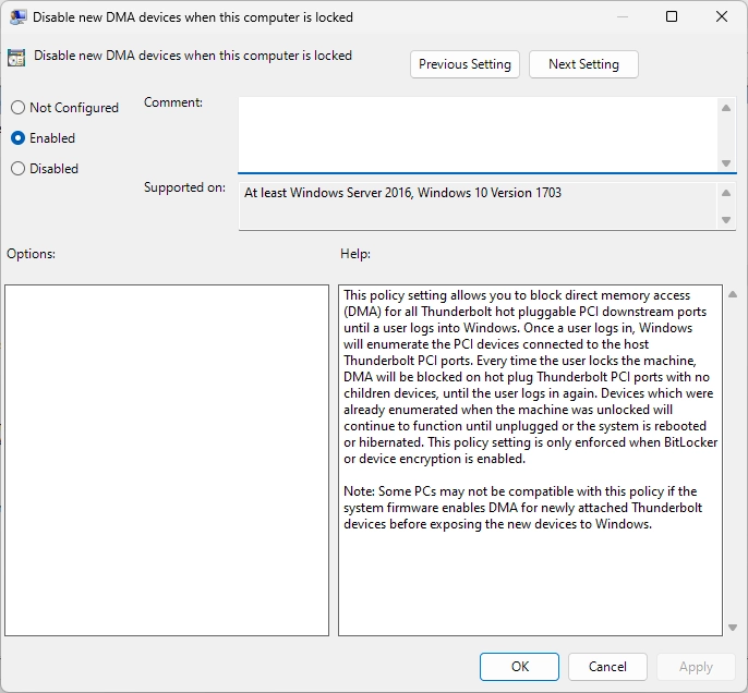 /privacyguides/privacyguides.org/raw/commit/10e58c21ff14434b30fb04da26b8a3e3f4ce3df8/docs/assets/img/windows/Bitlocker%20Group%20Policies/Disable%20DMA.webp