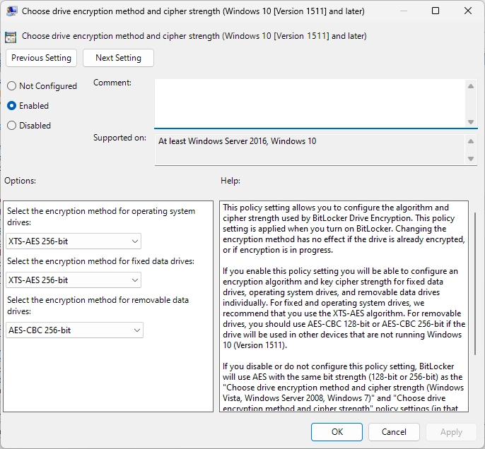 /privacyguides/privacyguides.org/raw/commit/10e58c21ff14434b30fb04da26b8a3e3f4ce3df8/docs/assets/img/windows/Bitlocker%20Group%20Policies/encryption-method-and-cipher.webp