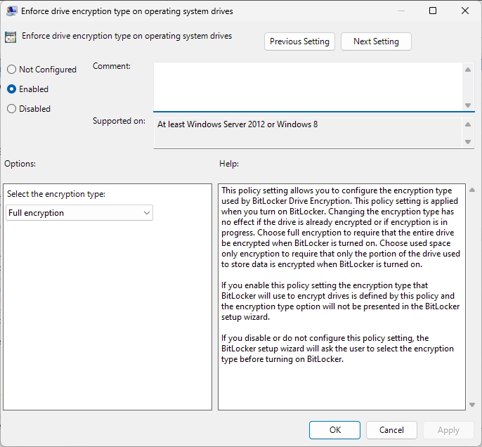 /privacyguides/privacyguides.org/raw/commit/10e58c21ff14434b30fb04da26b8a3e3f4ce3df8/docs/assets/img/windows/Bitlocker%20Group%20Policies/enforce-full-encryption.webp