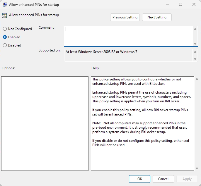 /privacyguides/privacyguides.org/raw/commit/10e58c21ff14434b30fb04da26b8a3e3f4ce3df8/docs/assets/img/windows/Bitlocker%20Group%20Policies/enhanced-pins.webp