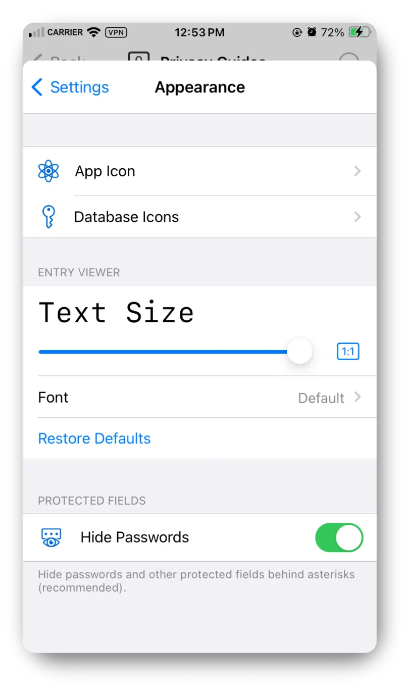 /privacyguides/privacyguides.org/raw/commit/1a7eb59fee41c388bce3a8c91921bb88f3365896/blog/assets/images/keepassium-review/keepassium-textsize.webp