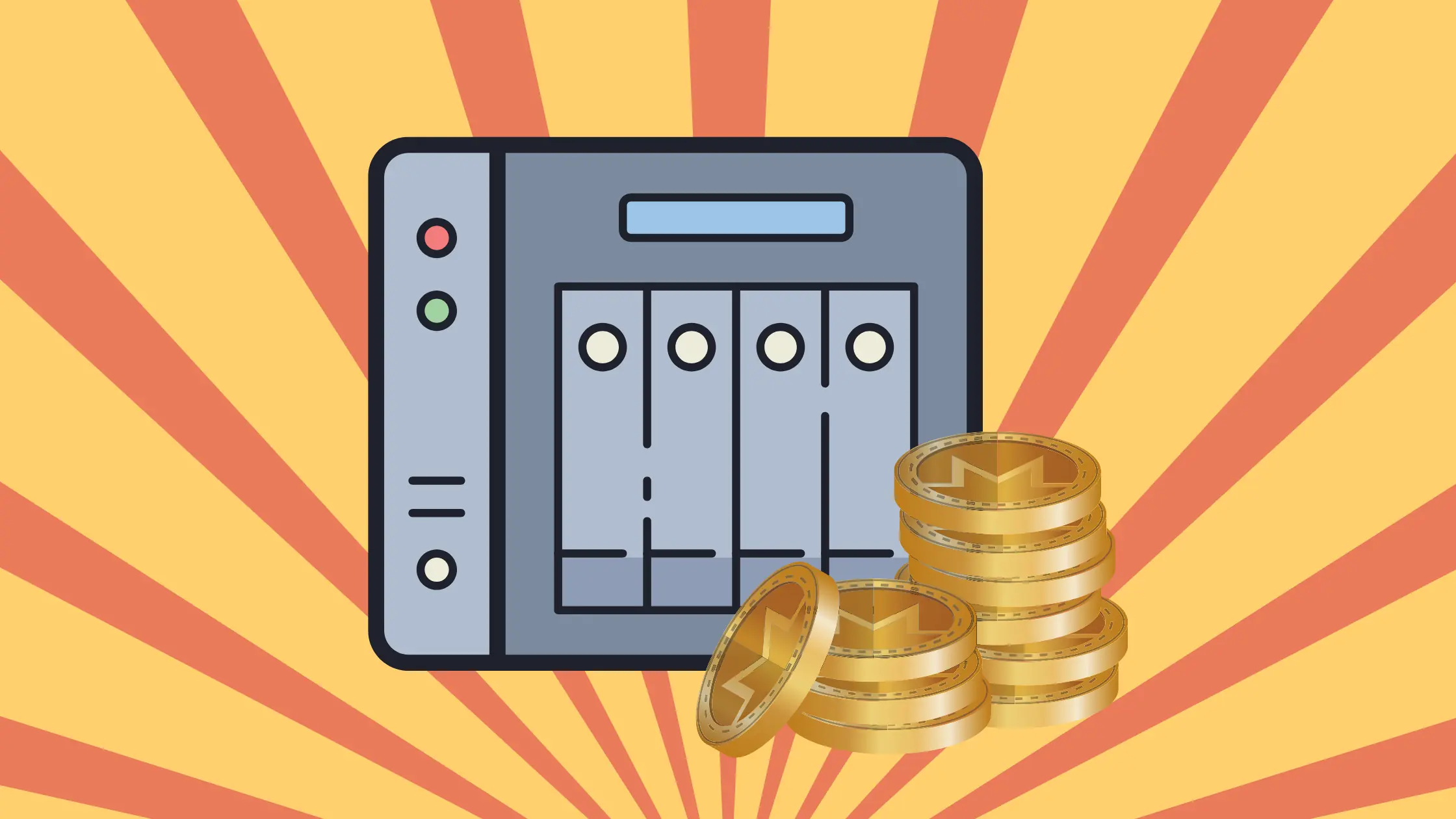 A cover image for this post showing an illustration of a NAS and stacks of coins imprinted with the Monero logo