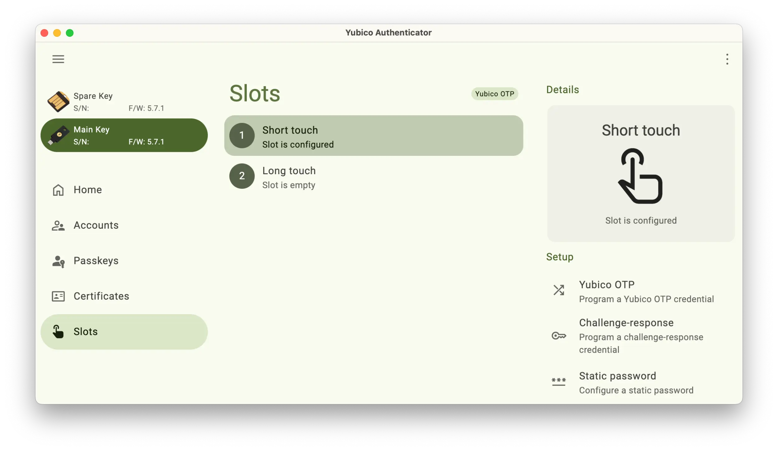 Screenshot of the Yubico Authenticator application showing the Slots section.