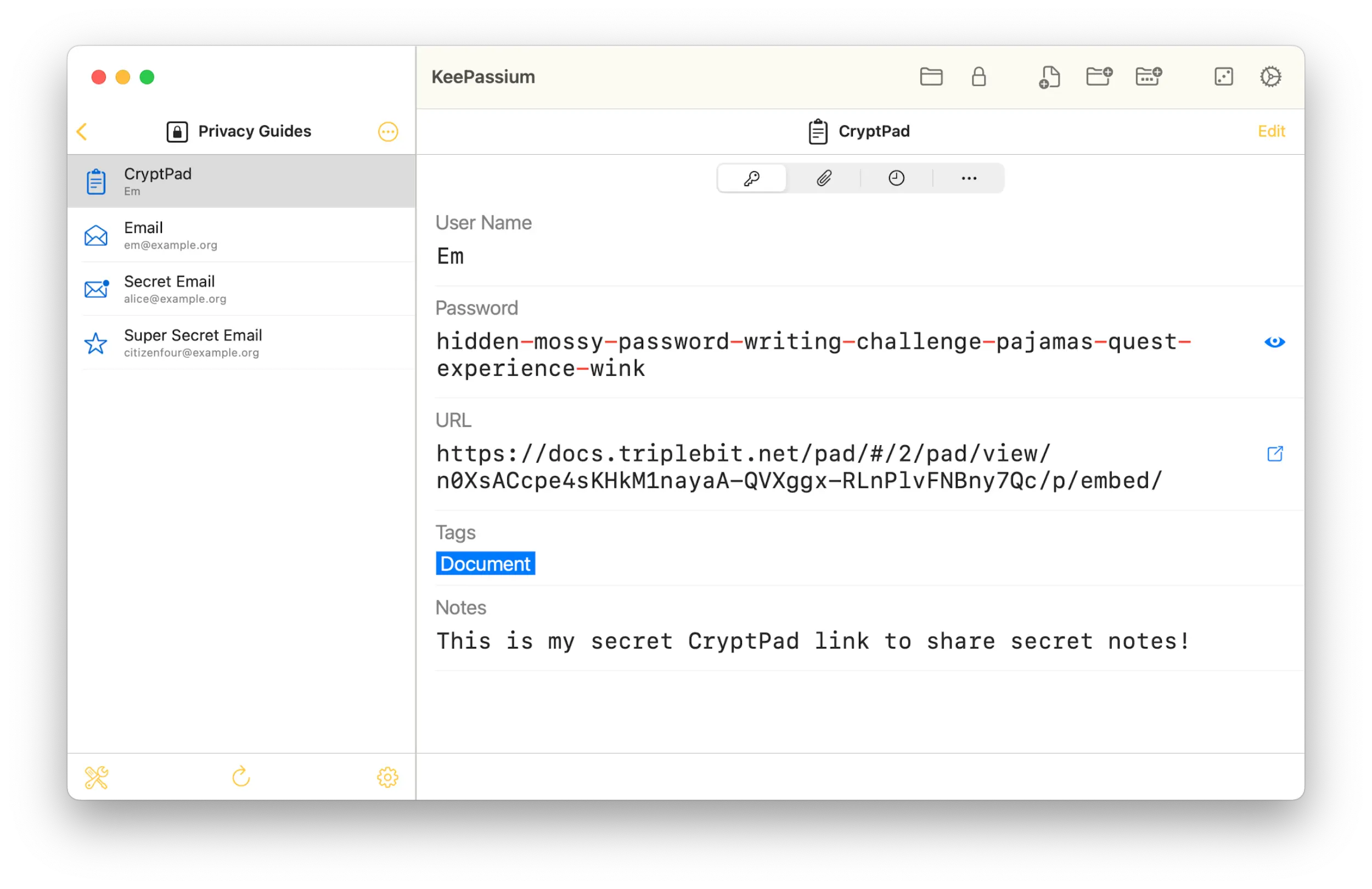 Screenshot from the macOS app showing an entry section with the "User Name", "Password", "URL", "Tags", and "Notes" fields filled.