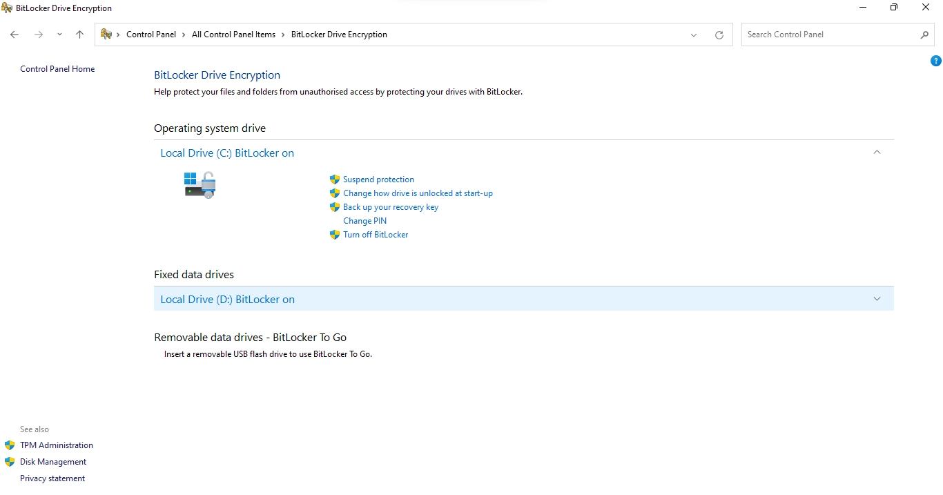 /privacyguides/privacyguides.org/raw/commit/778cd6c22beb94fa499457bb2f56966d466d697d/docs/assets/img/windows/Bitlocker%20Group%20Policies/bitlocker-control%20panel.webp