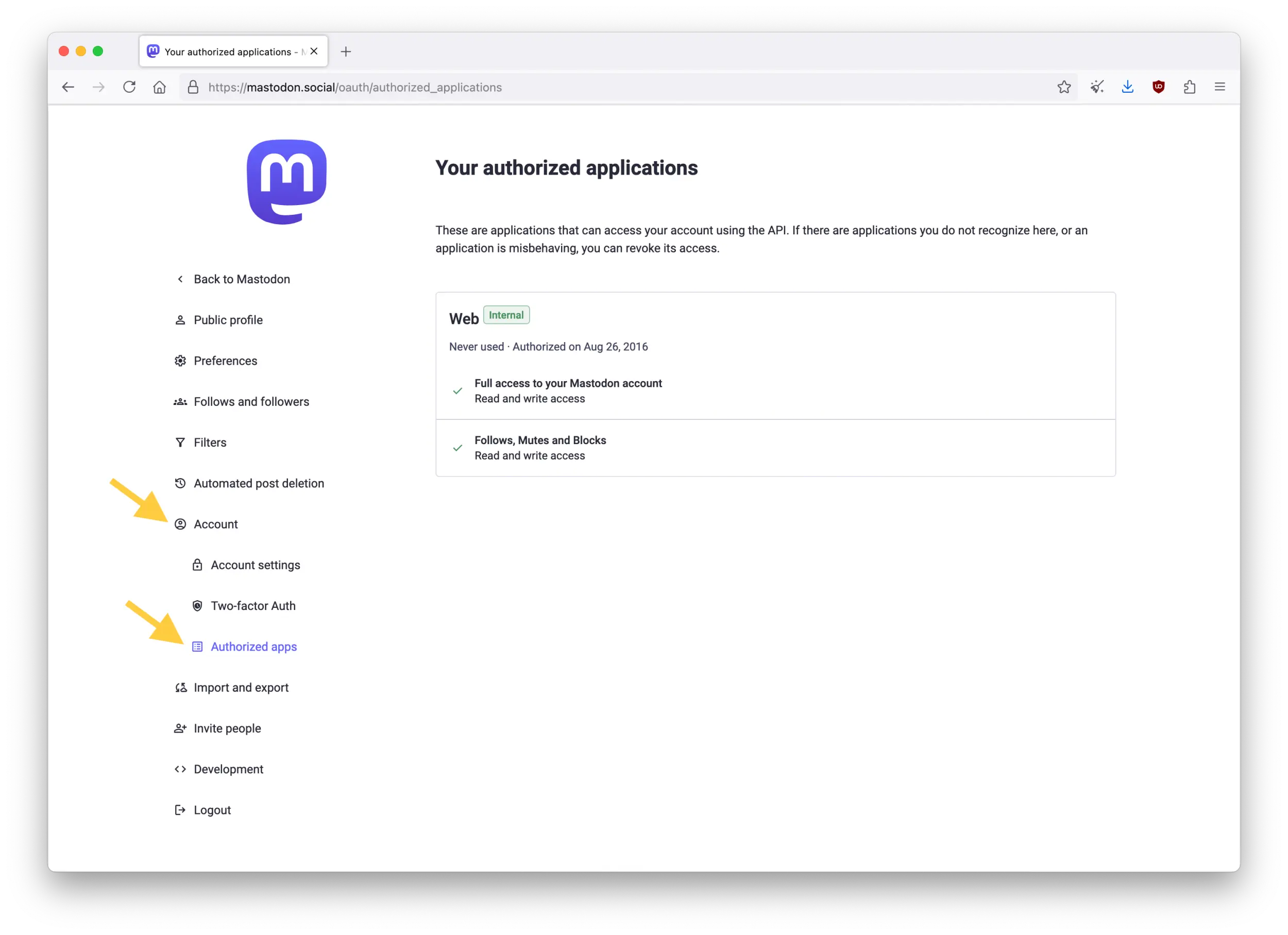Screenshot of the Mastodon web interface showing the "Your authorized applications" page in Preferences.