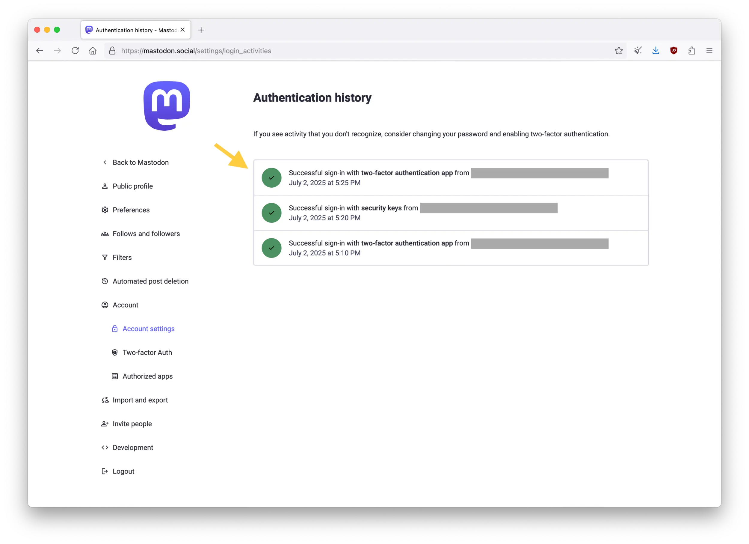 Screenshot of the Mastodon web interface showing the Authentication history page from clicking on the "View authentication history of your account" link on the previous Account settings page.