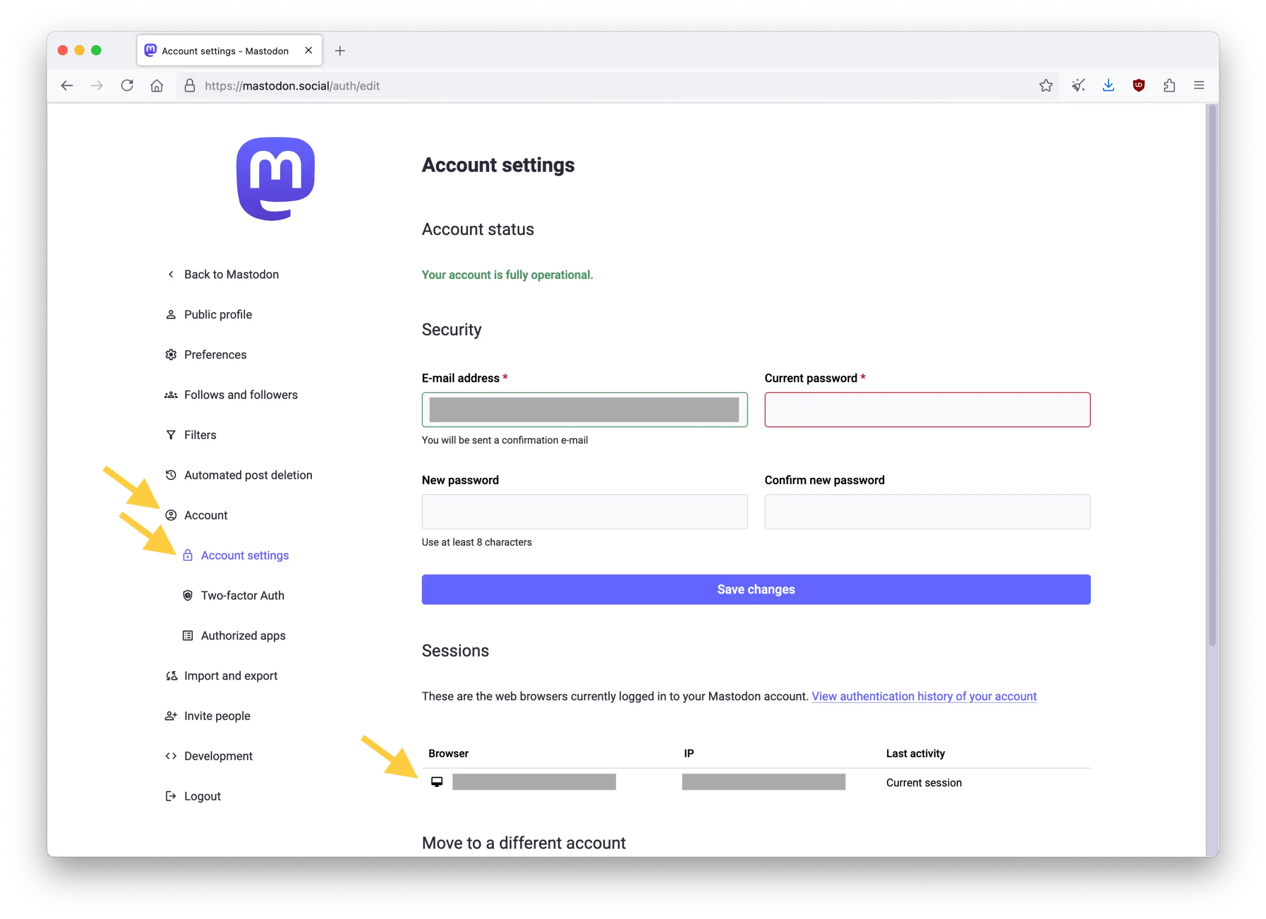 Screenshot of the Mastodon web interface showing the Account settings page in Preferences.