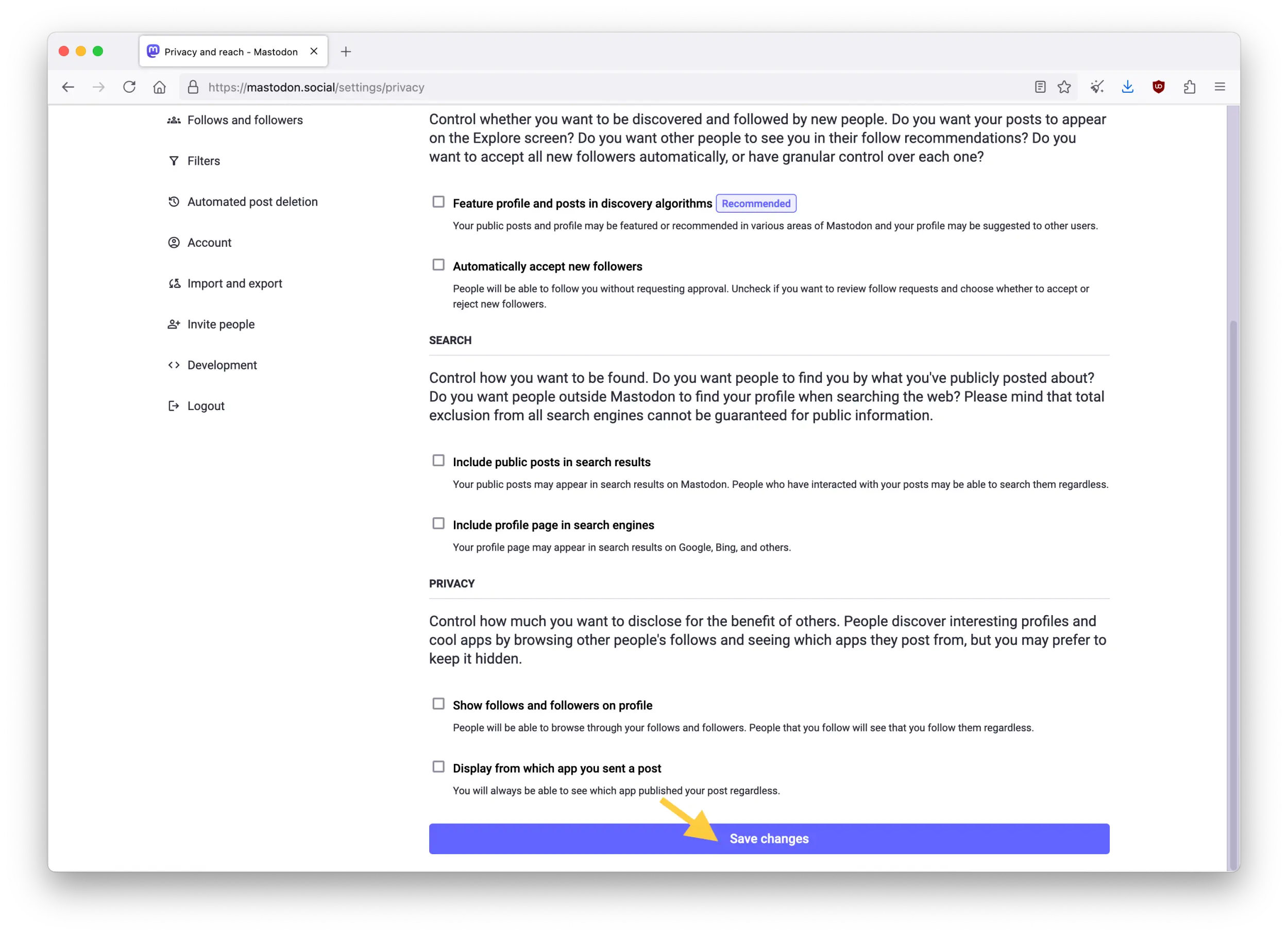Screenshot of the Mastodon web interface showing the Public profile page in Preferences, from the "Privacy and reach" tab. The page is scrolled down to the "Save changes" button at the very bottom of the six unchecked options.