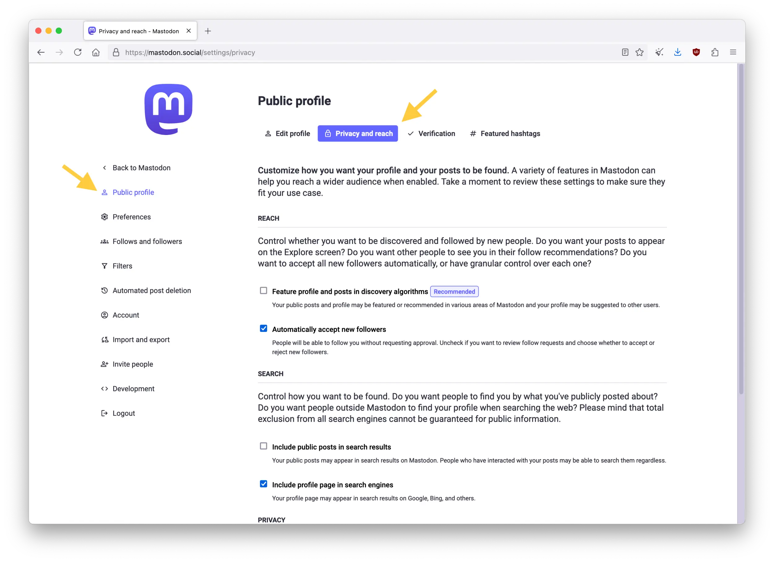 Screenshot of the Mastodon web interface showing the Public profile page in Preferences, from the "Privacy and reach" tab.