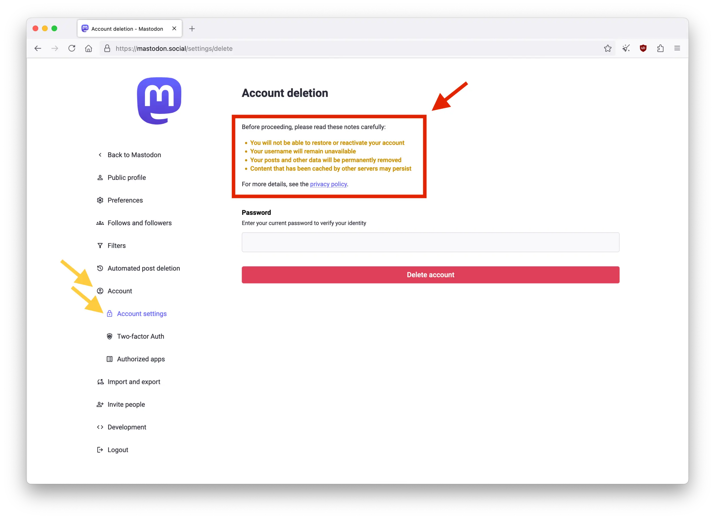 Screenshot of the Mastodon web interface showing the Account deletion page, from the "proceed here" link on the previous "Account" page.