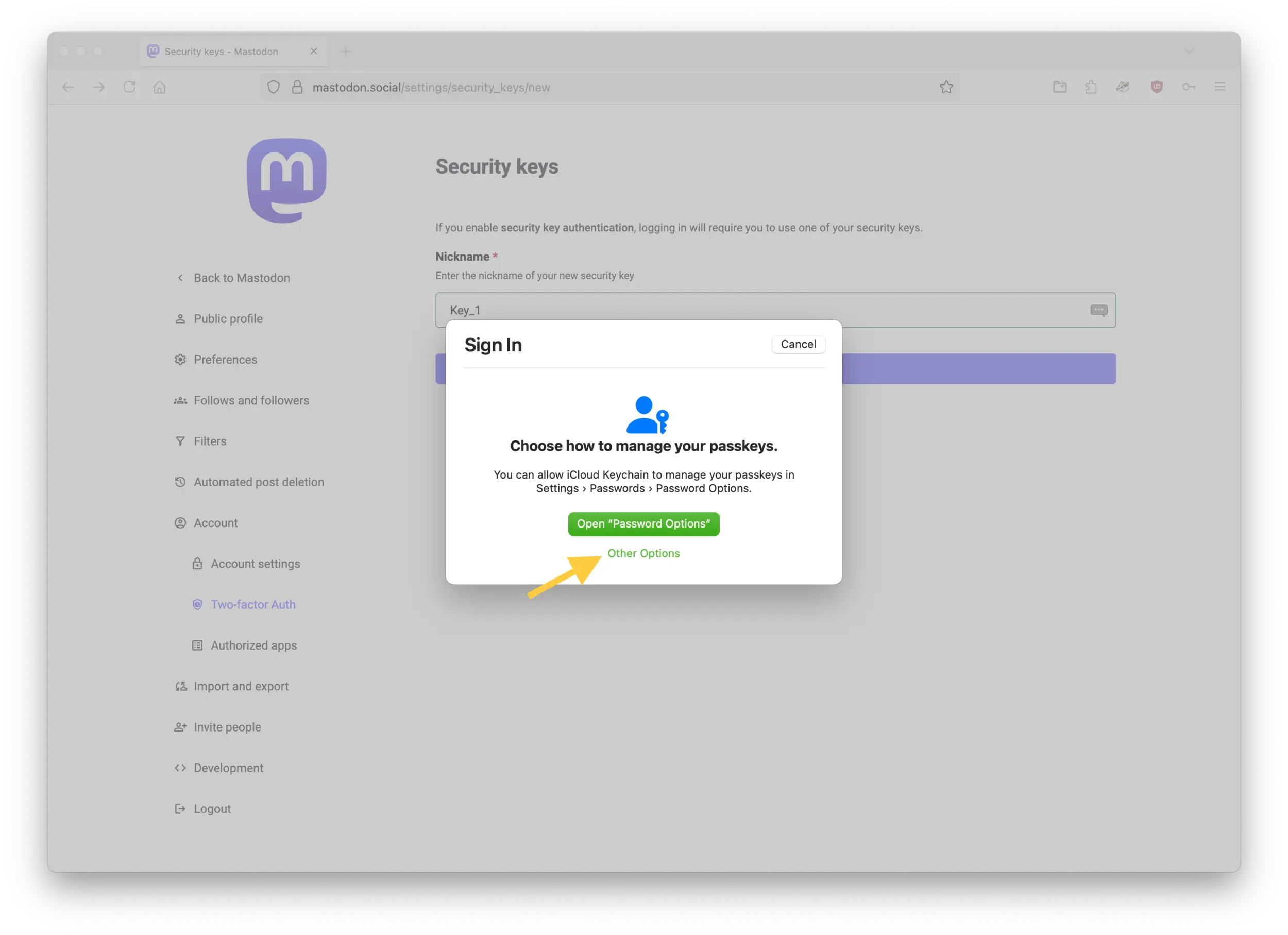 Screenshot of the Mastodon web interface showing the Security keys page with a macOS pop-up window over it. The pop-up gives options to "Choose how to manage your passkeys".