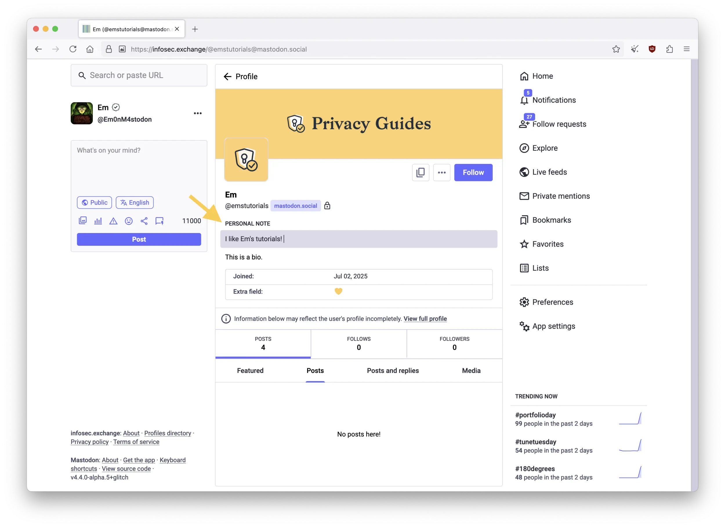 Screenshot of the Mastodon web interface showing a user's profile page viewed from within a logged-in user interface. A yellow arrow points at the section to add a Personal Note on a user's profile page.