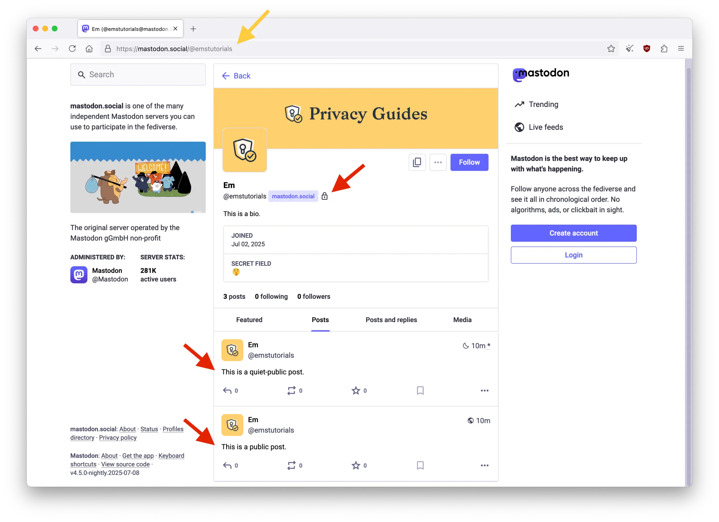 Screenshot of a Mastodon account's public page from a browser. A yellow arrow points at the account's URL, and three red arrows point at information visible to the public such as a public post, a quiet-public post, and the fact that this account is locked.
