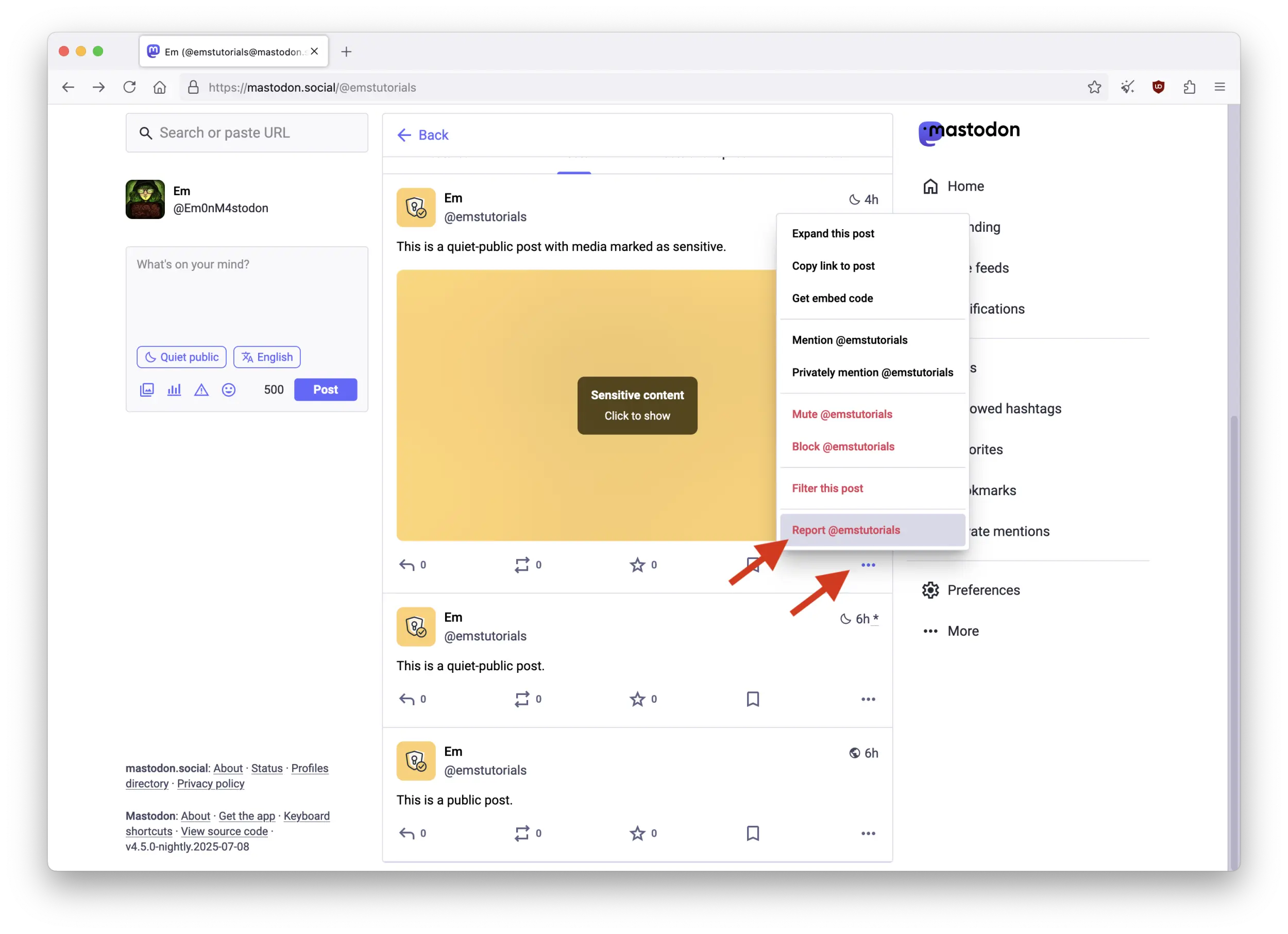 Screenshot of the Mastodon web interface showing a user's profile page viewed from within a logged-in user interface. A red arrow points at the "More" button of a post, and another red arrow points at the "Report" selection from the drop-menu.
