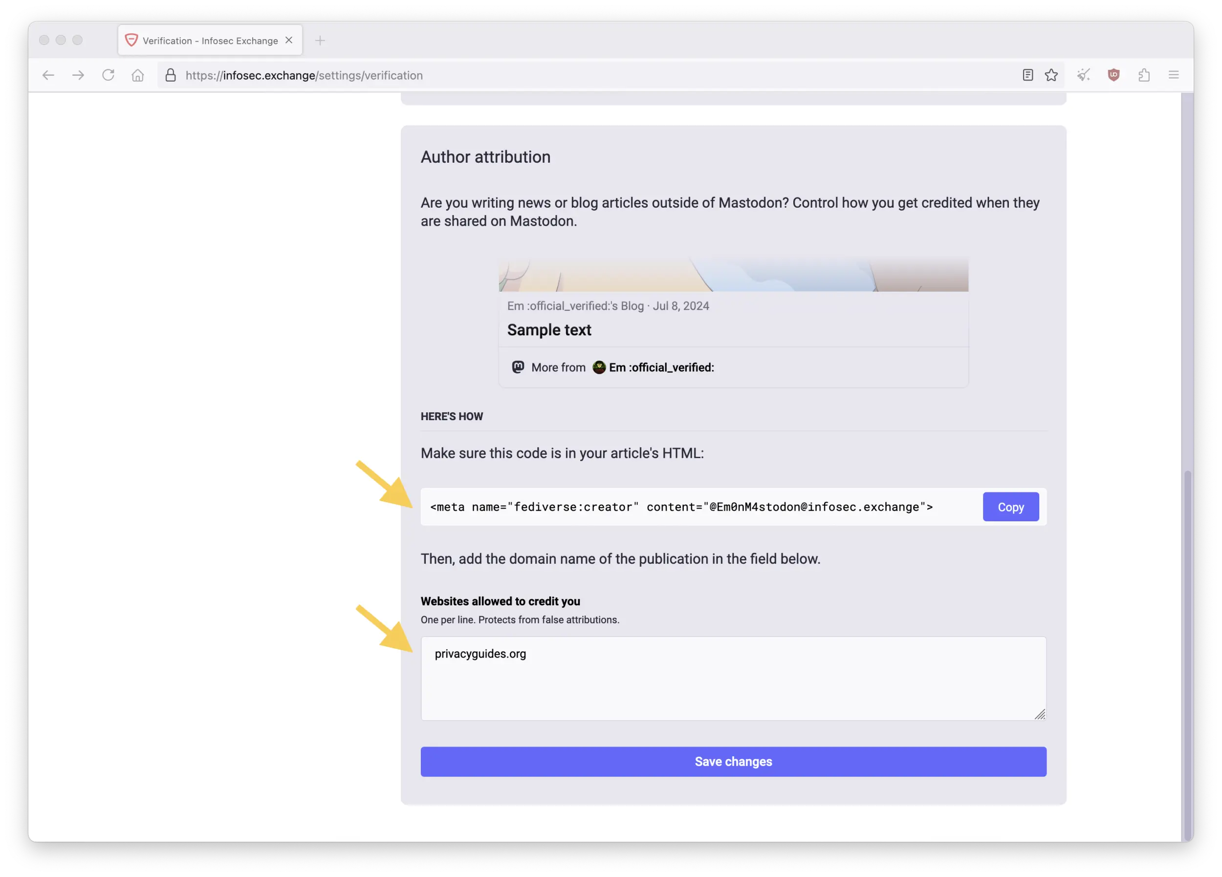 Screenshot of the Mastodon web interface showing the Public profile page in Preferences, from the "Verification" tab. The page is scrolled down to the very bottom, showing the option and instructions to add Author attribution to articles.