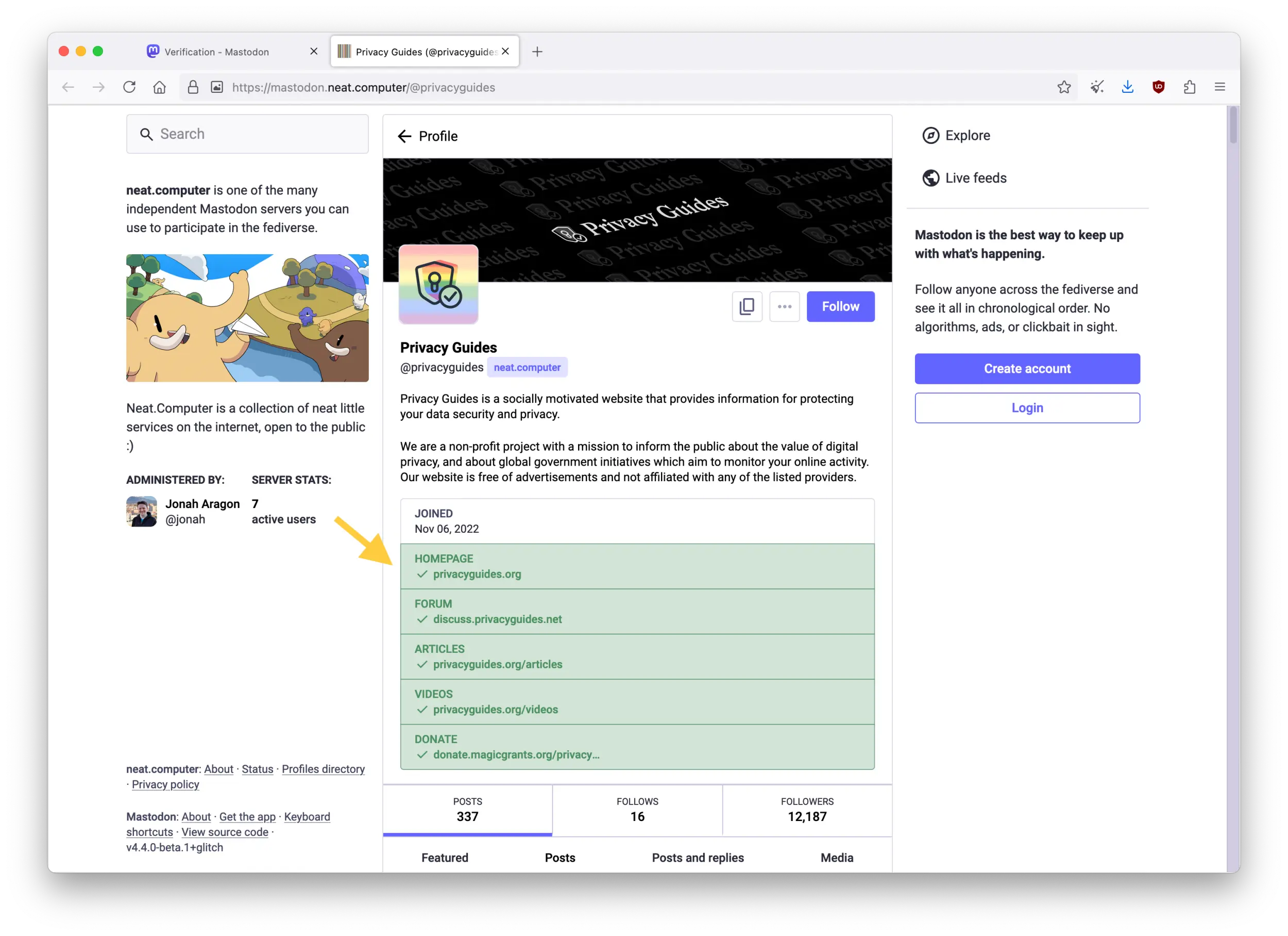 Screenshot of the Privacy Guides Mastodon account's public page. The profile page shows multiple verified links in green with a checkmark on the left, including the official Privacy Guides website, forum, articles, videos, and donation pages.
