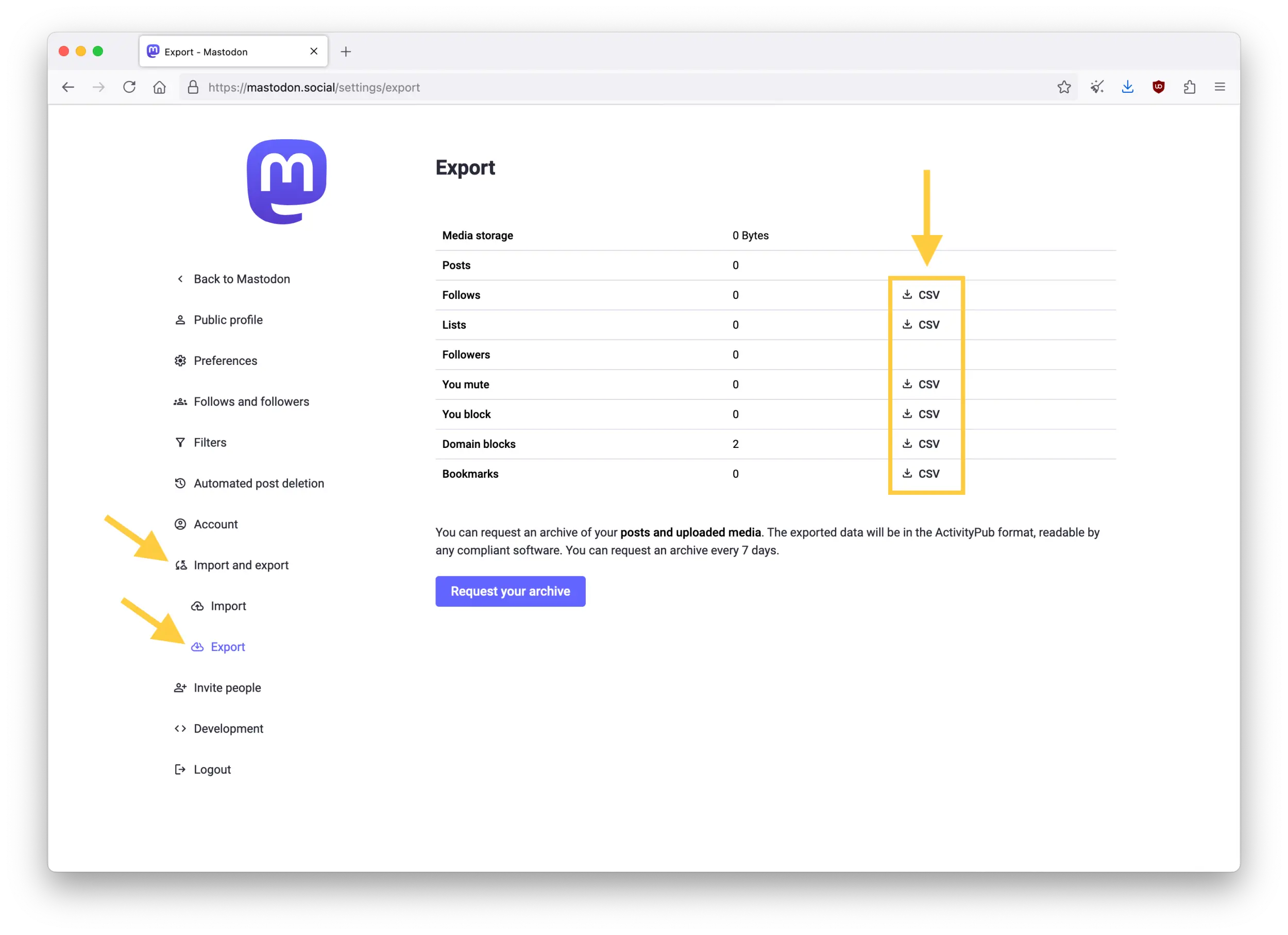 Screenshot of the Mastodon web interface showing the Export page in Preferences. The downloadable CSV files are highlighted.