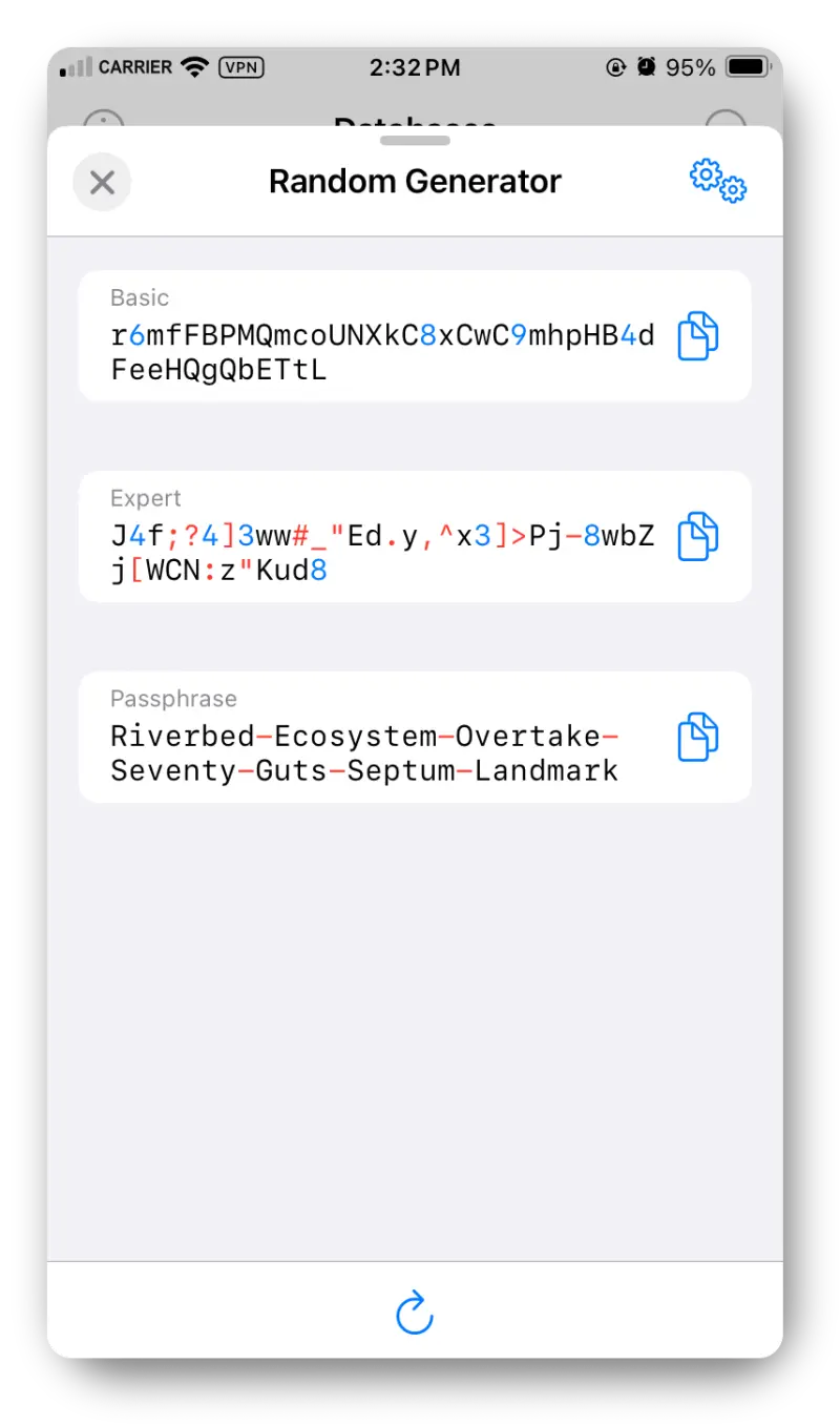 Screenshot from the iOS app showing the Random Generator page that displays three random passwords for "Basic", "Expert", and "Passphrase".