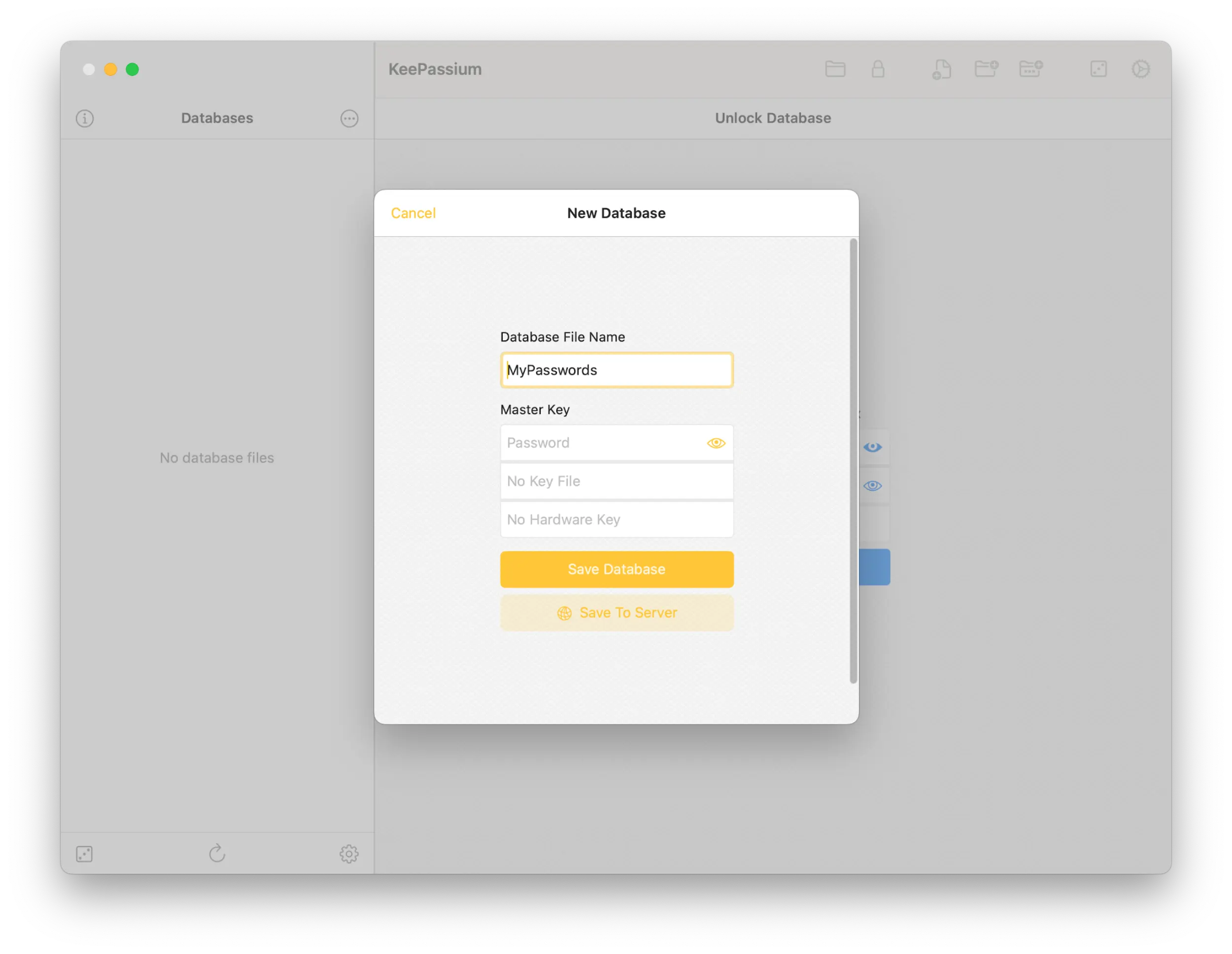Screenshot from the macOS app showing the New Database section.