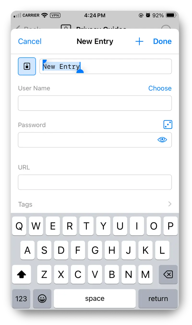 Screenshot from the iOS app showing a New Entry page with various empty fields.