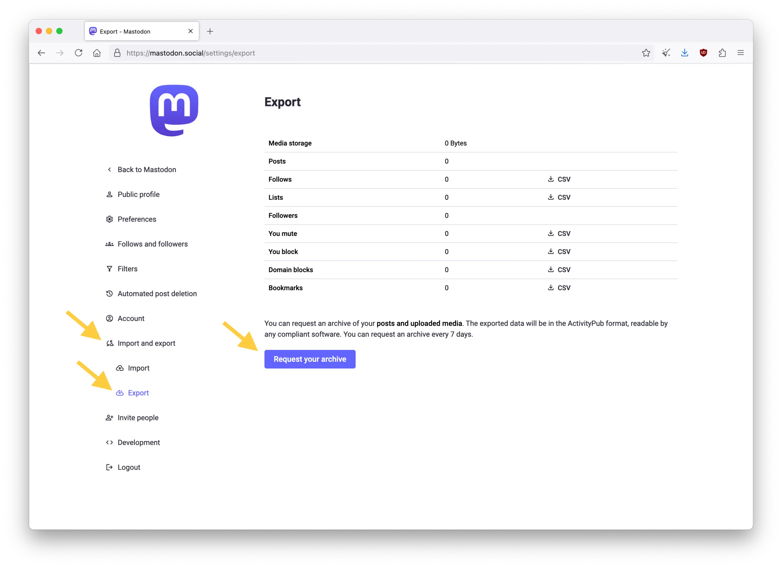 Screenshot of the Mastodon web interface showing the Export page in Preferences.