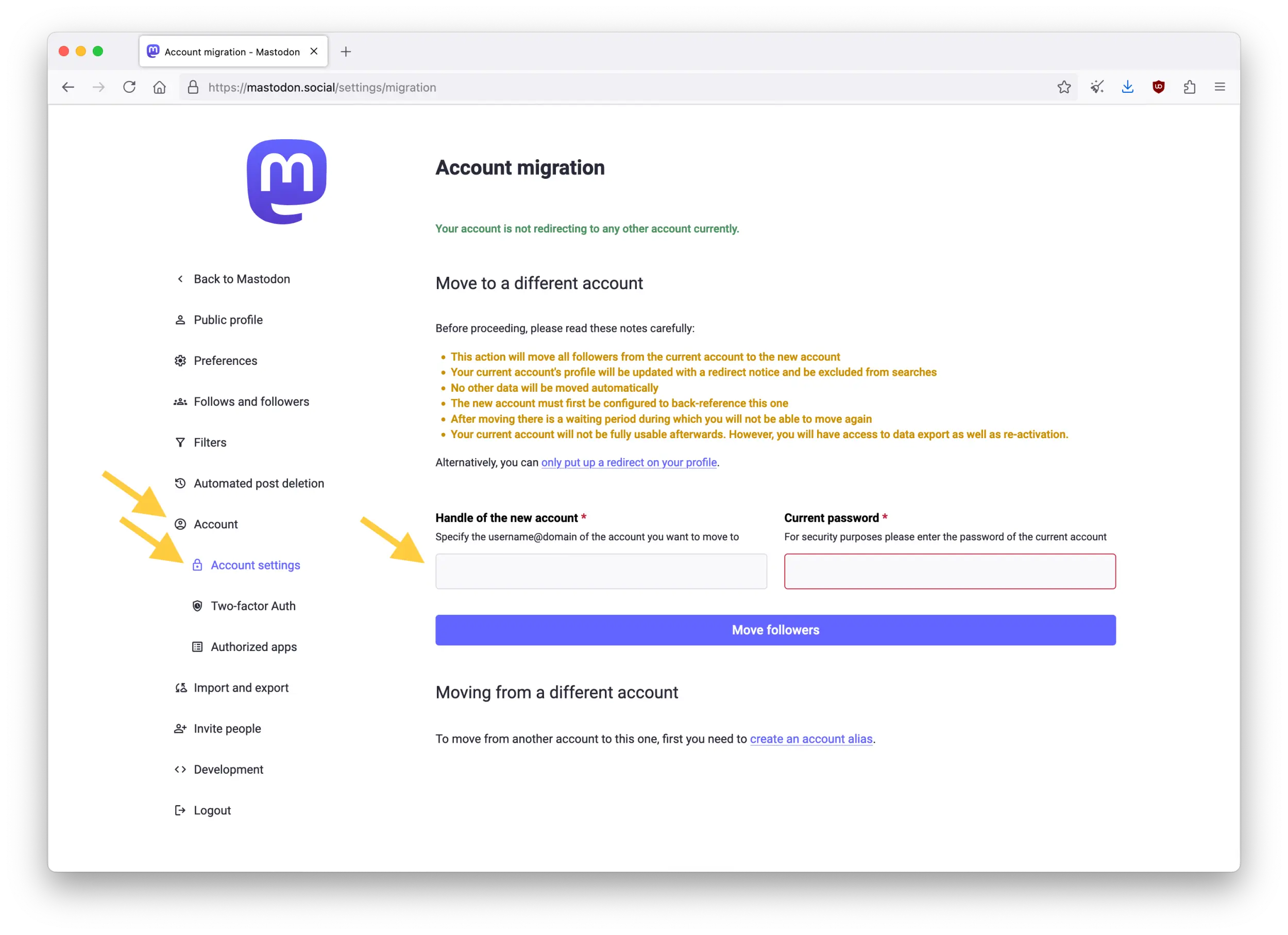 Screenshot of the Mastodon web interface showing the Account aliases page in Preferences, from the "Move to a different account" link on the Account settings page.