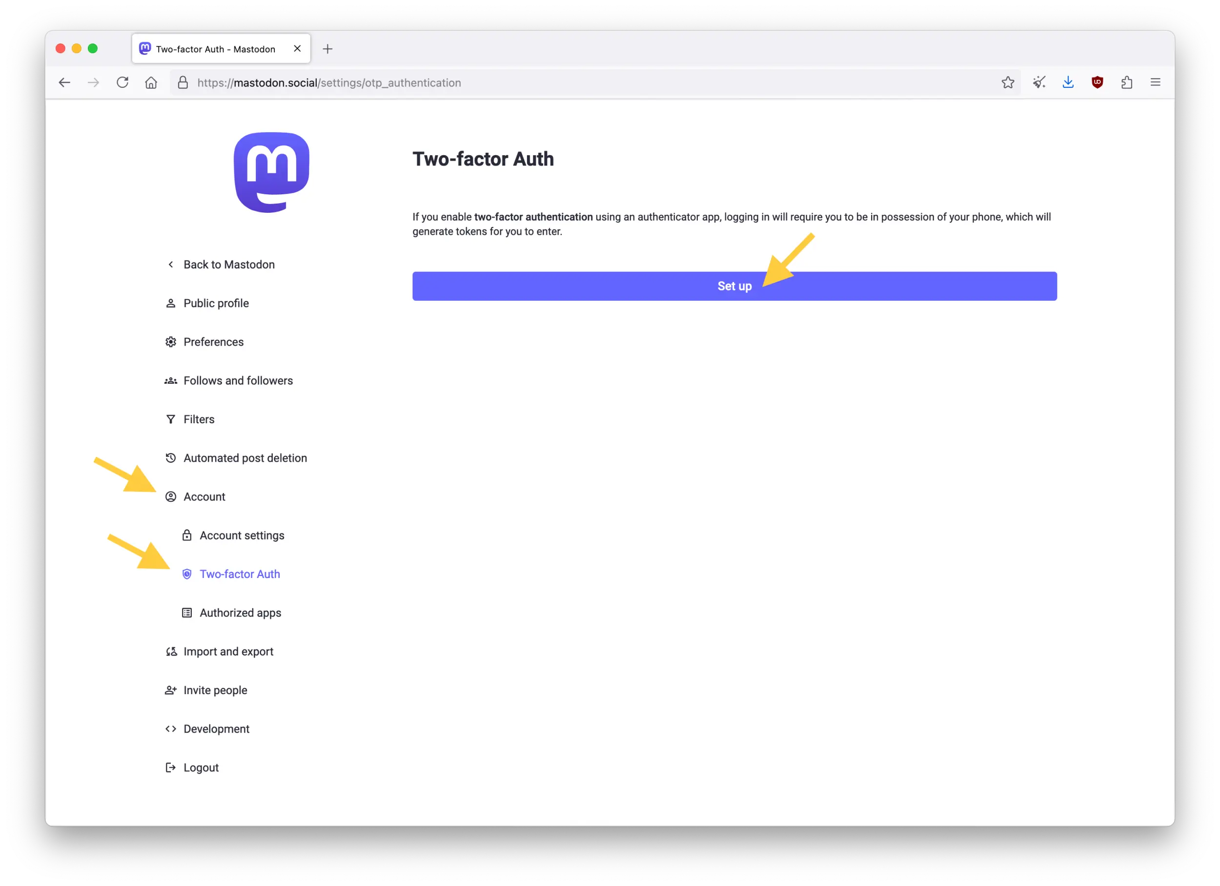 Screenshot of the Mastodon web interface showing the Two-factor Auth page in Preferences.
