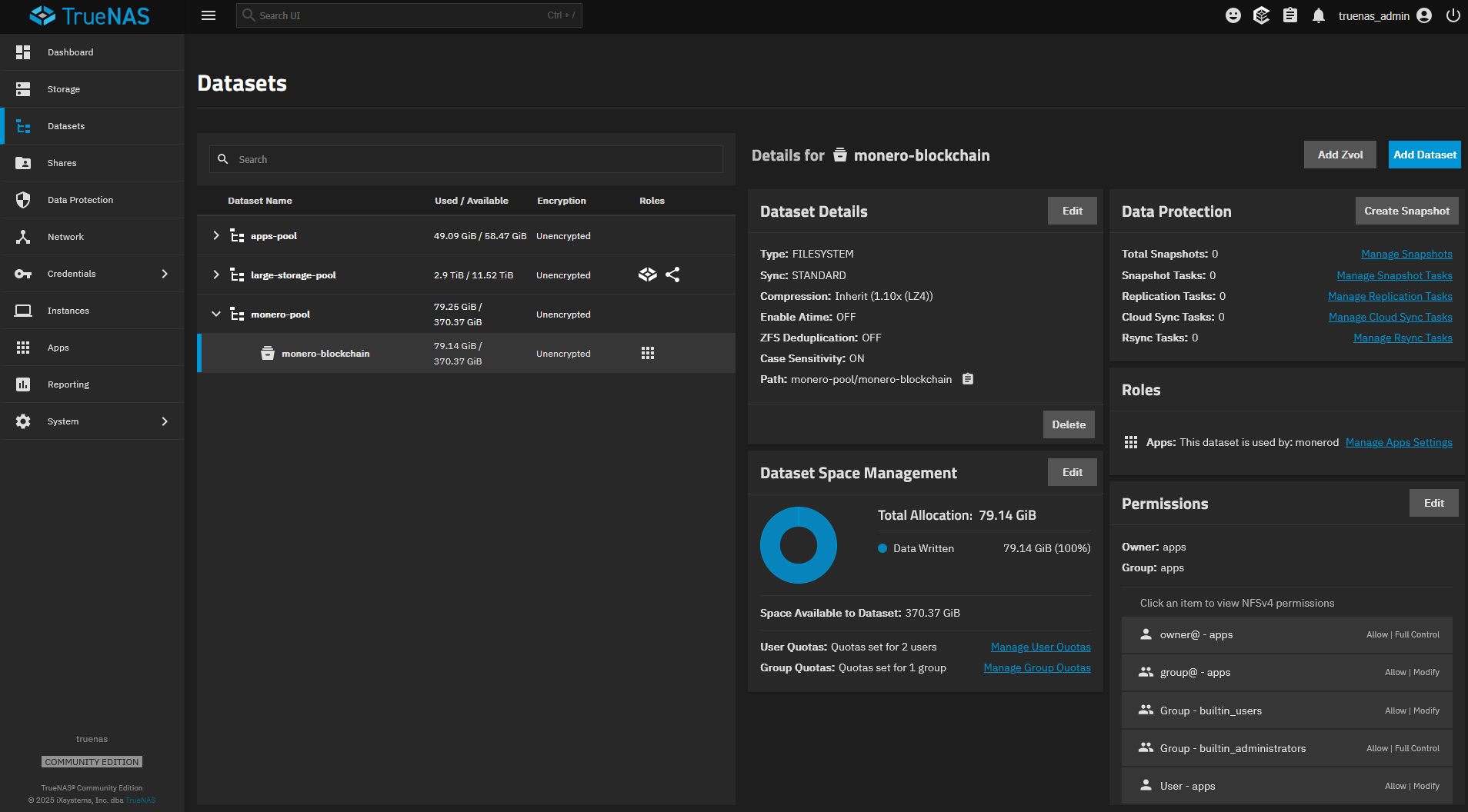 Screenshot showing the Datasets list in TrueNAS