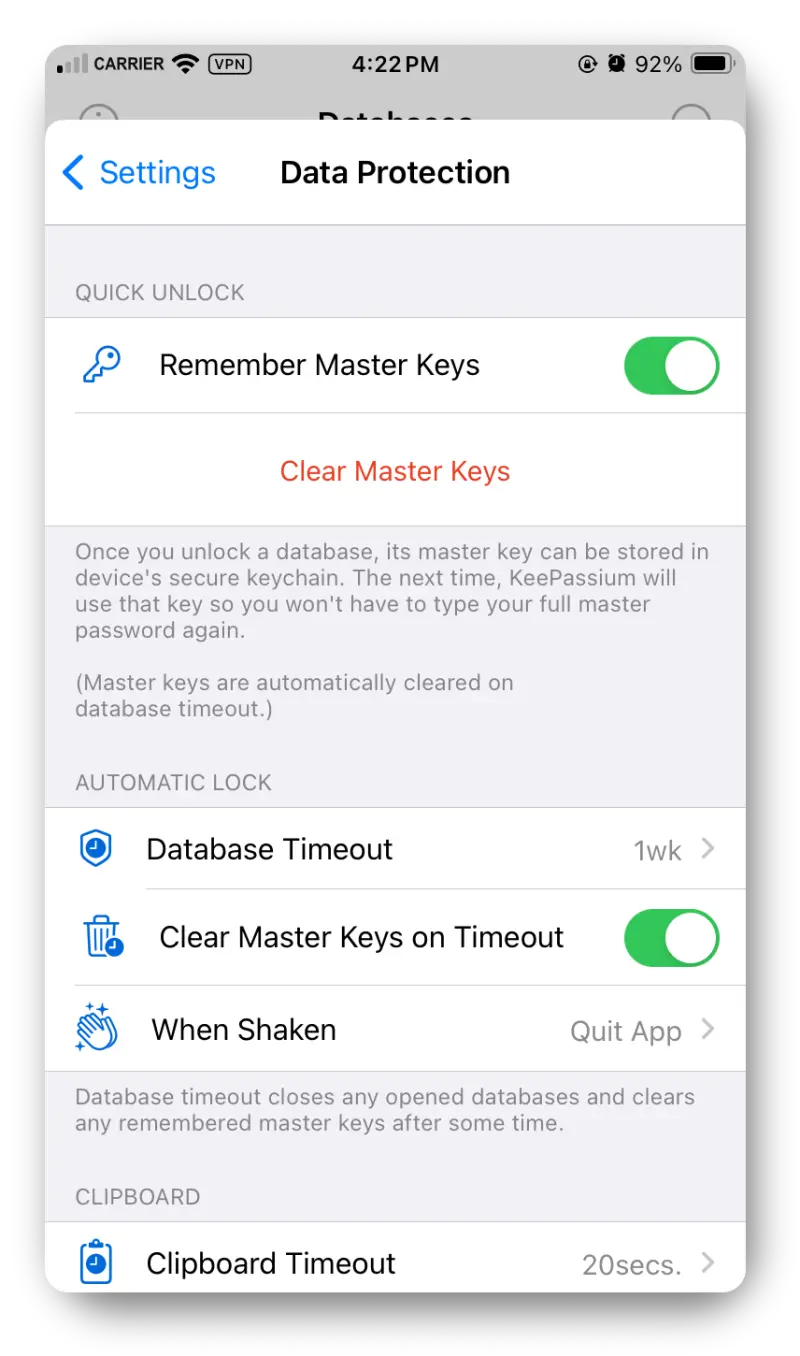 Screenshot from the iOS app showing the Data Protection page from the Settings.