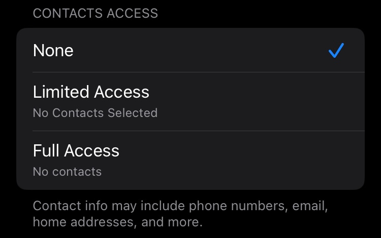 /privacyguides/privacyguides.org/raw/commit/97a00353b70b55f97b173f5d7752d1add0f8dc9b/docs/assets/img/ios/contact-permissions-dark.png